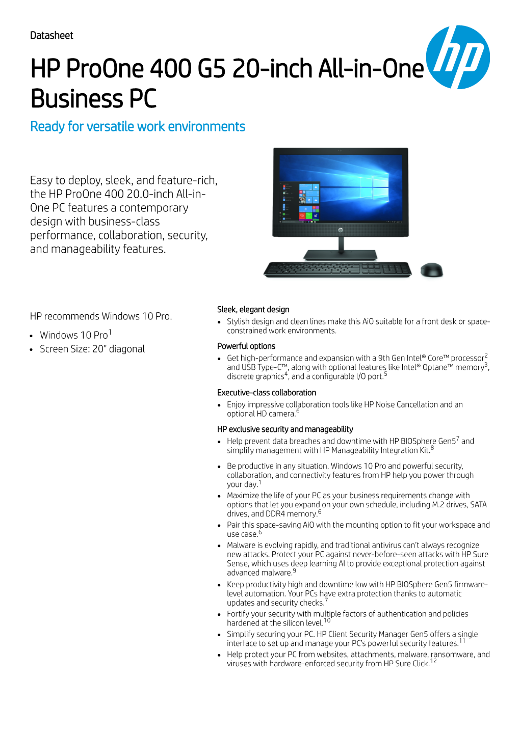 HP Proone 400 G5 20-Inch All-In-One Business PC Ready for Versatile Work Environments