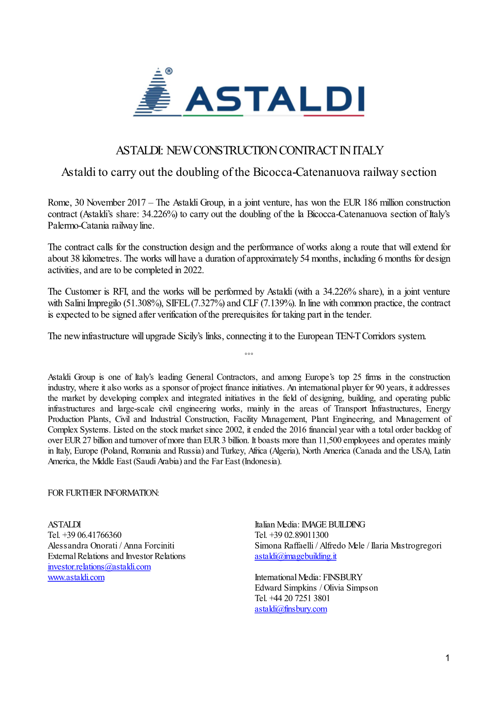 NEW CONSTRUCTION CONTRACT in ITALY Astaldi to Carry out The