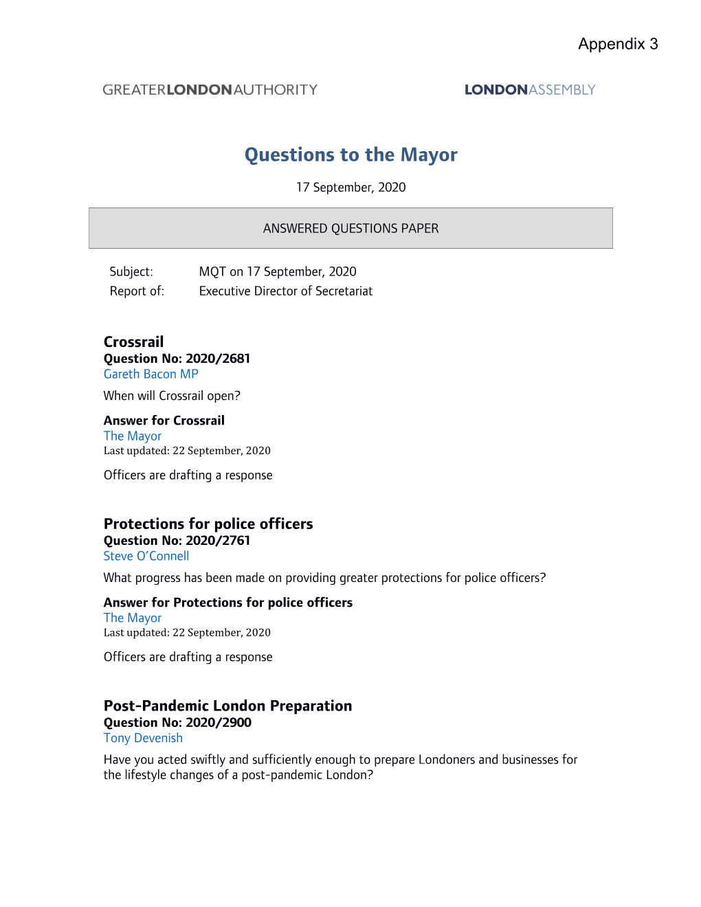 Questions to the Mayor