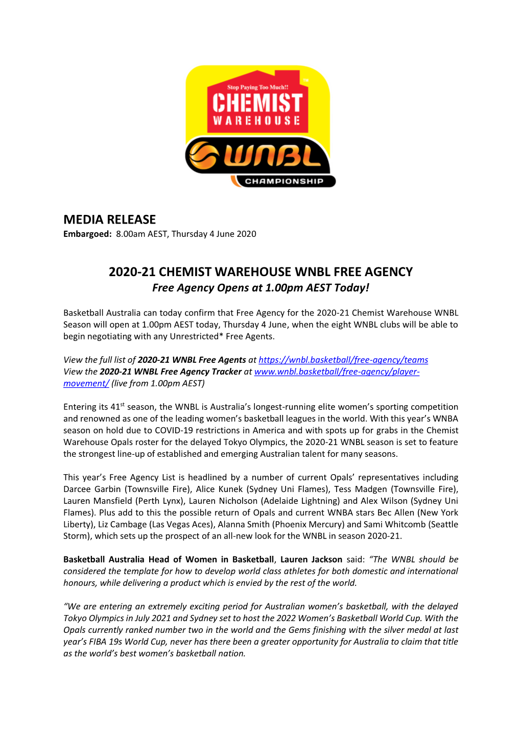 Media Release 2020-21 Chemist Warehouse Wnbl Free Agency