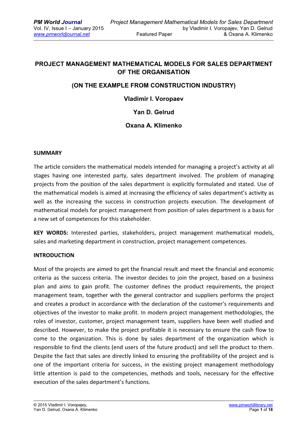 Project Management Mathematical Models for Sales Department Vol