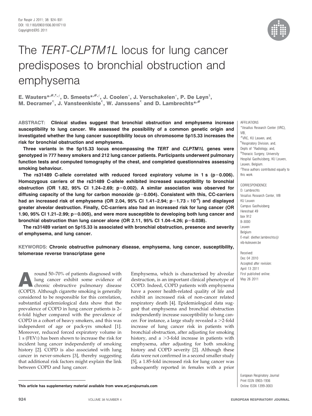 The TERT-CLPTM1L Locus for Lung Cancer Predisposes to Bronchial Obstruction and Emphysema