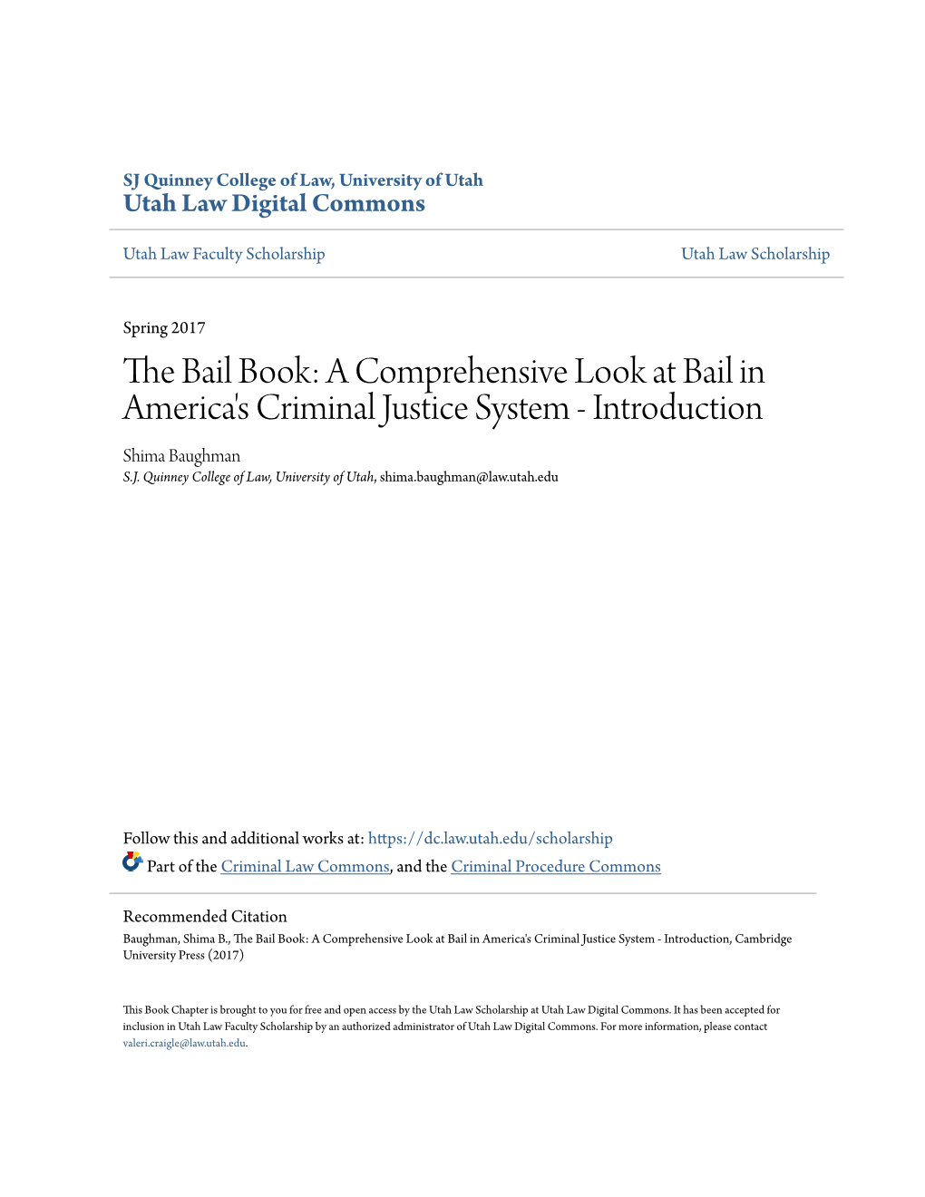 A Comprehensive Look at Bail in America's Criminal Justice System - Introduction Shima Baughman S.J