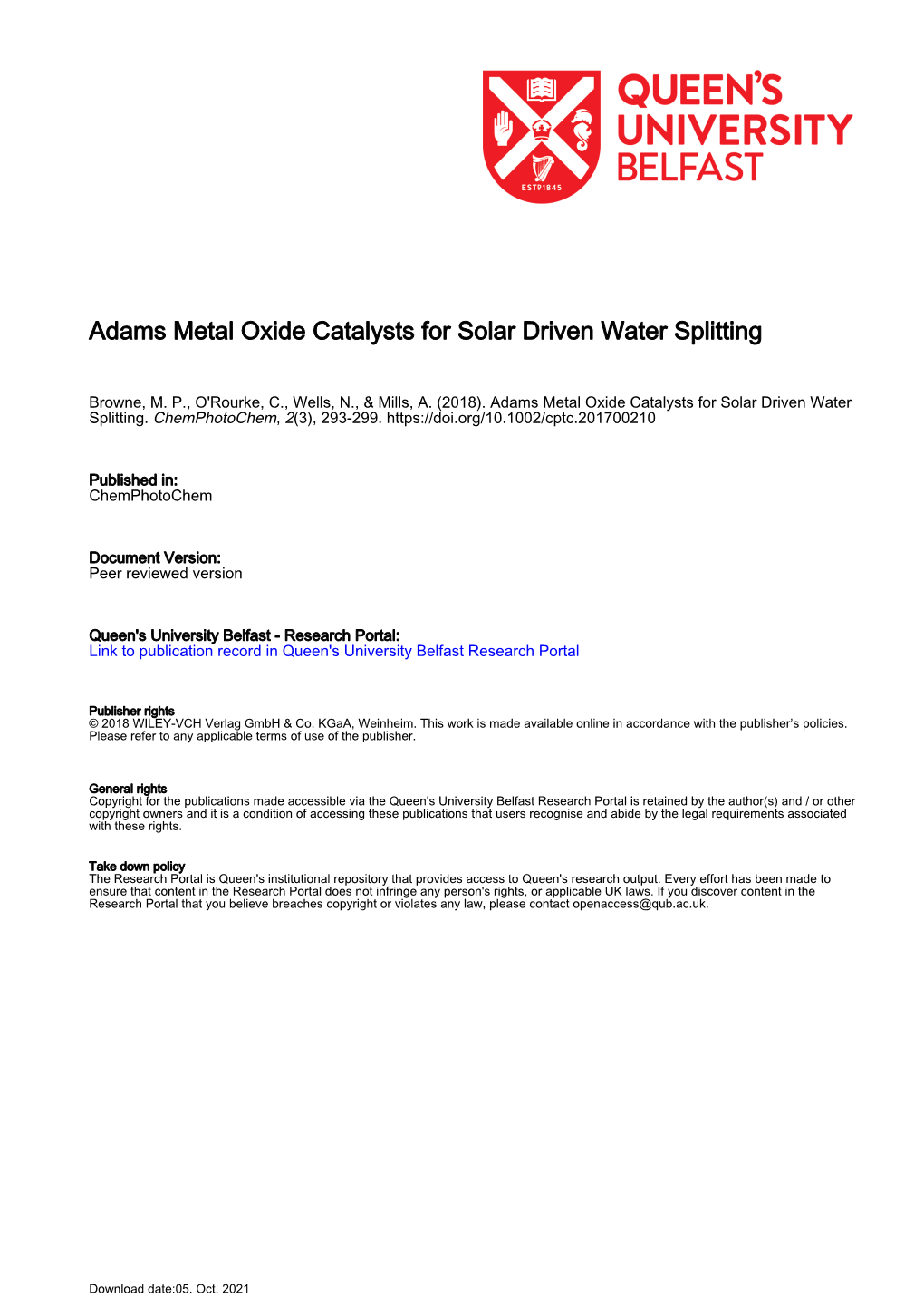 Adams Metal Oxide Catalysts for Solar Driven Water Splitting
