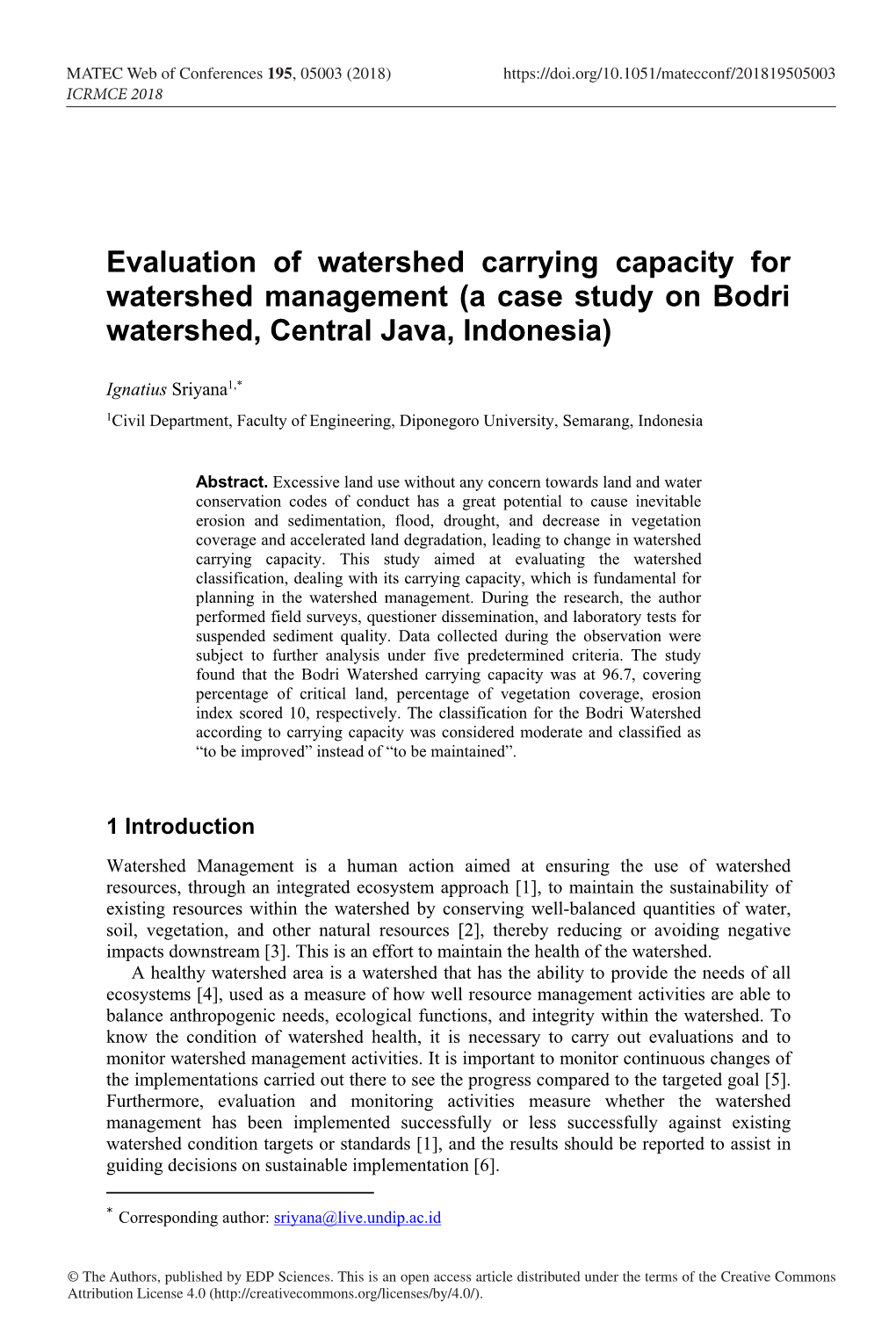 Evaluation of Watershed Carrying Capacity for Watershed Management (A Case Study on Bodri Watershed, Central Java, Indonesia)