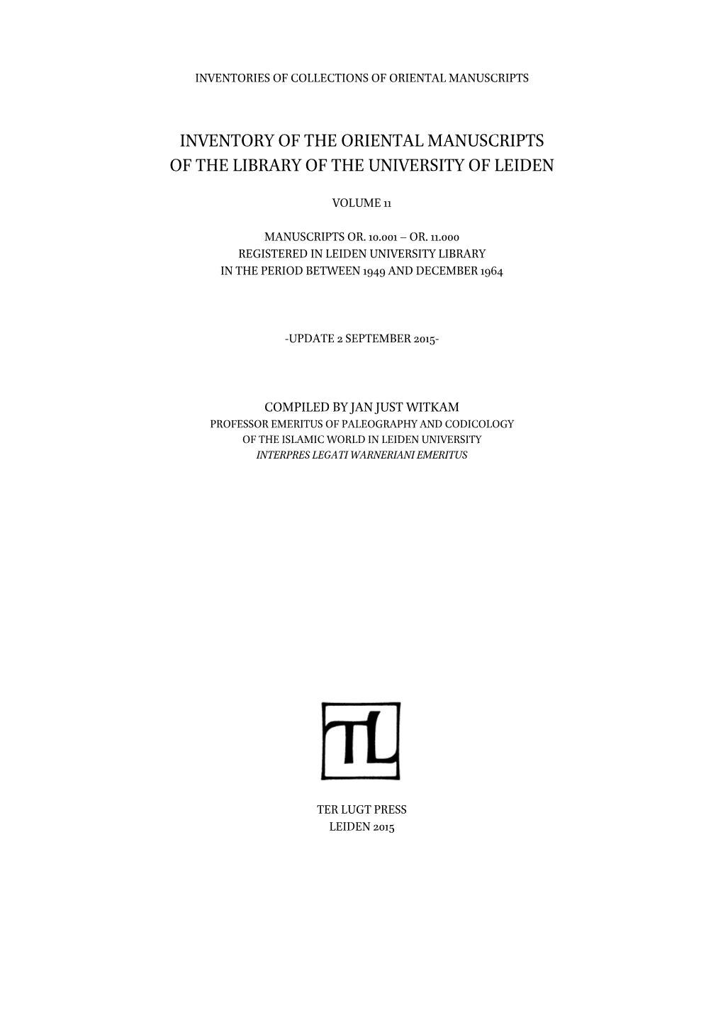 Inventory of the Oriental Manuscripts of the Library of the University of Leiden