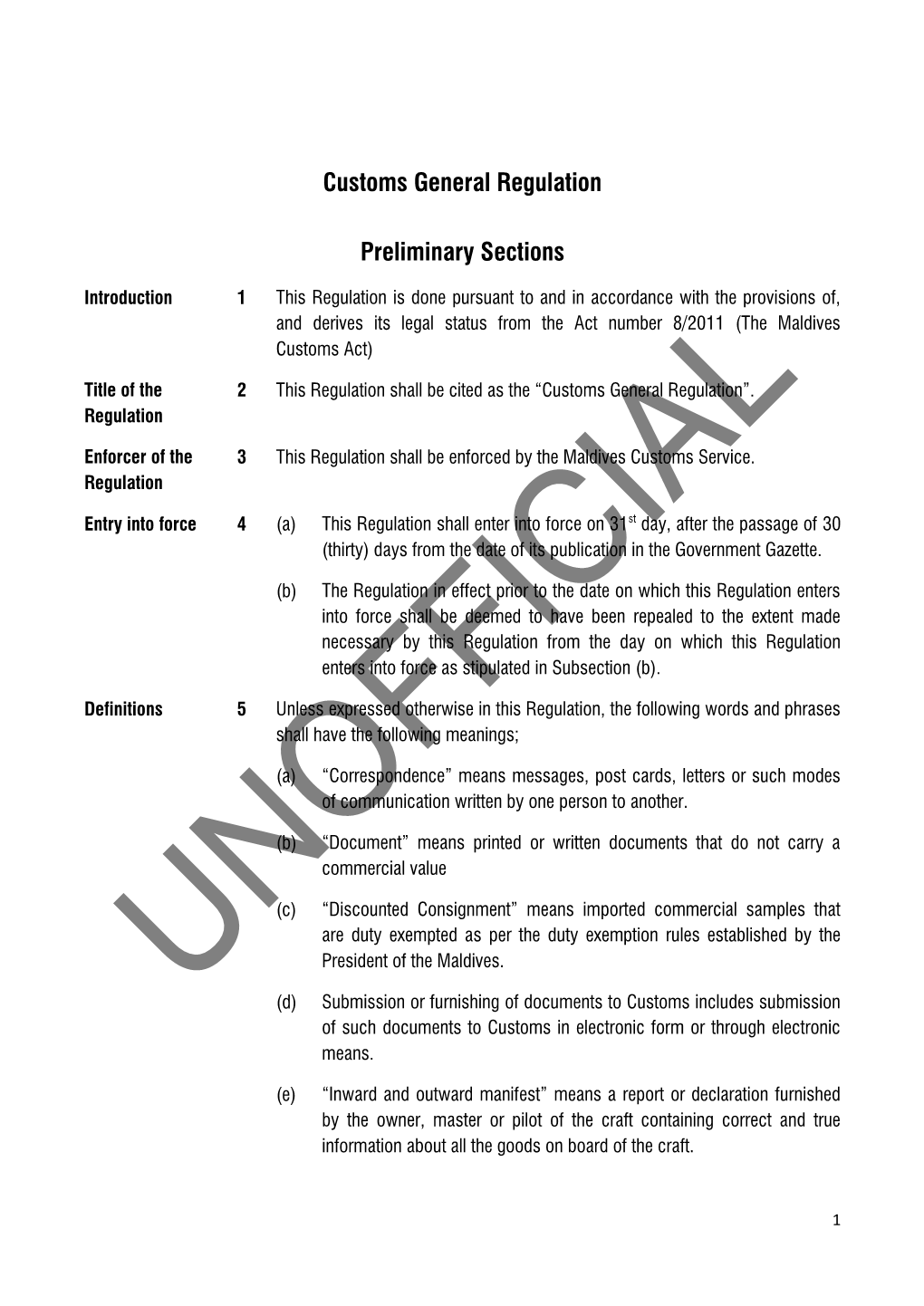 Customs General Regulation Preliminary Sections