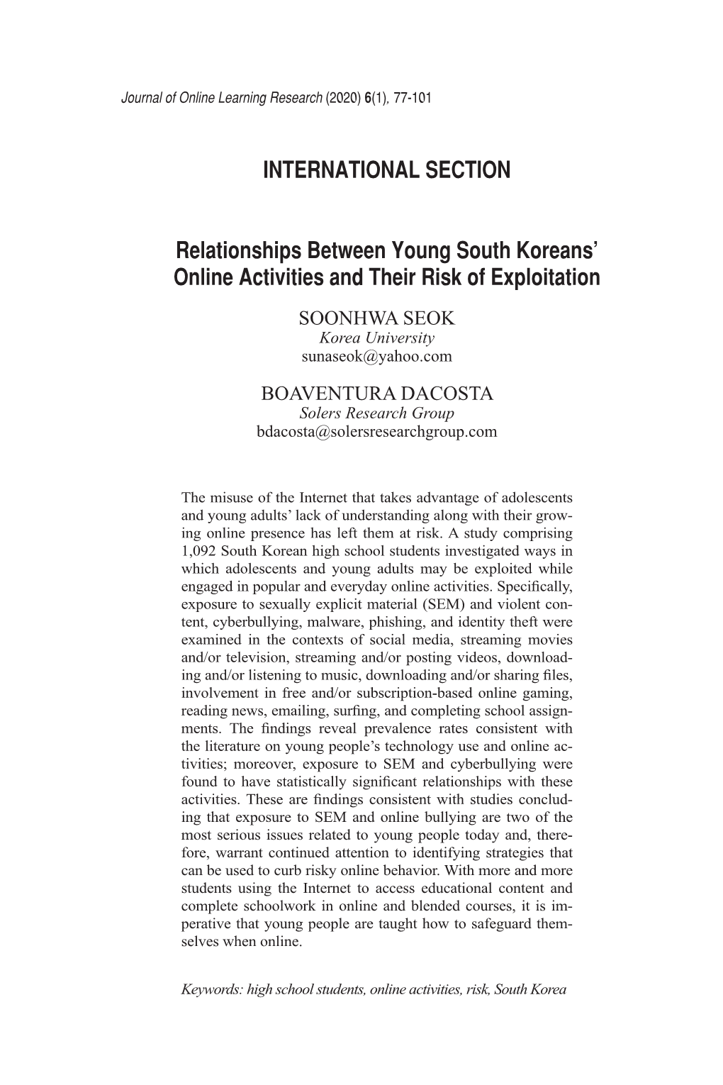 Relationships Between Young South Koreans' Online Activities and Their Risk of Exploitation