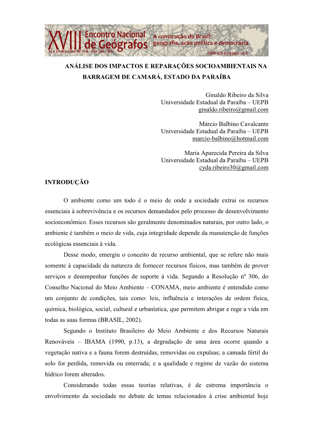 Análise Dos Impactos E Reparações Socioambientais Na Barragem De Camará, Estado Da Paraíba