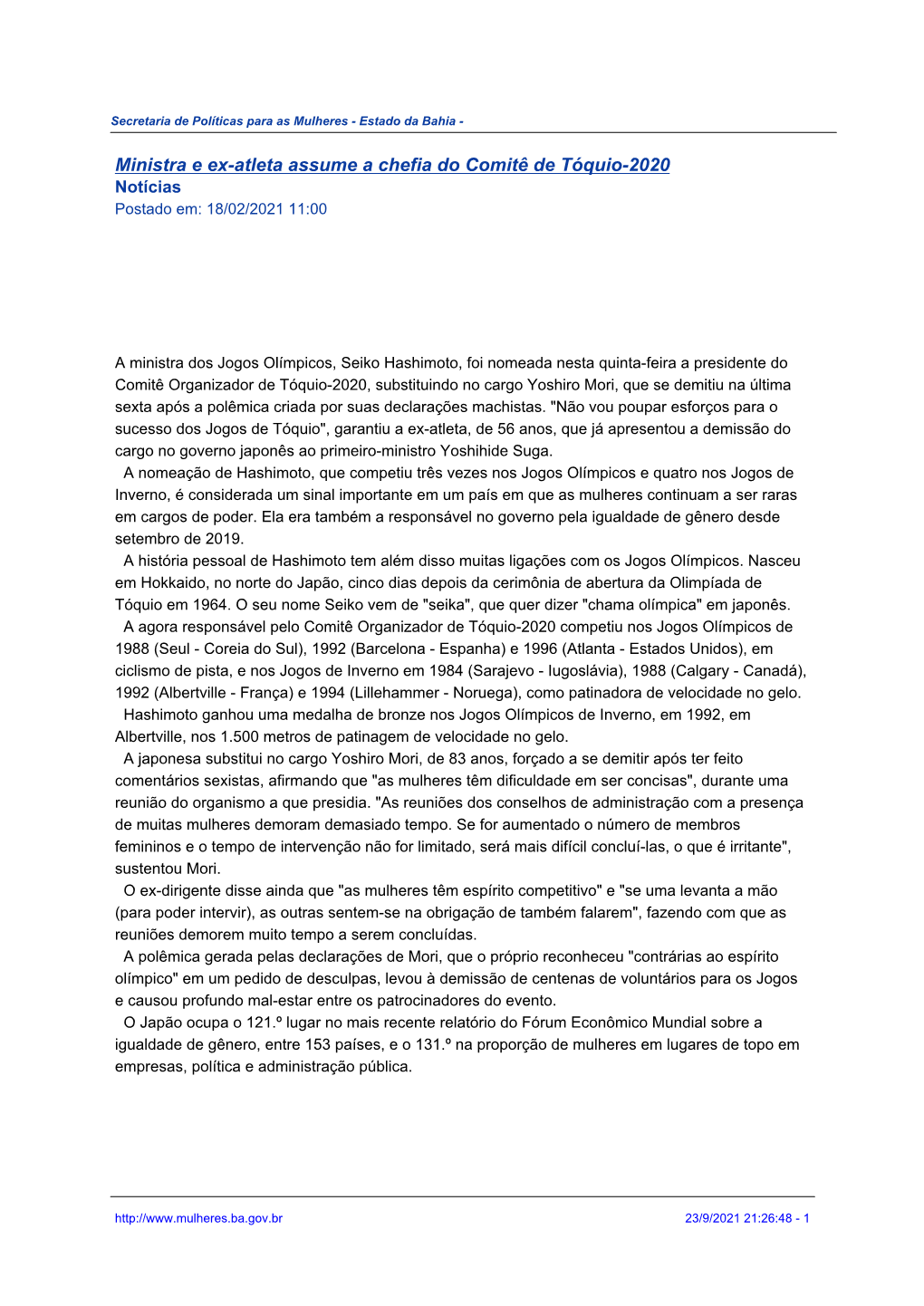 Ministra E Ex-Atleta Assume a Chefia Do Comitê De Tóquio-2020 Notícias Postado Em: 18/02/2021 11:00