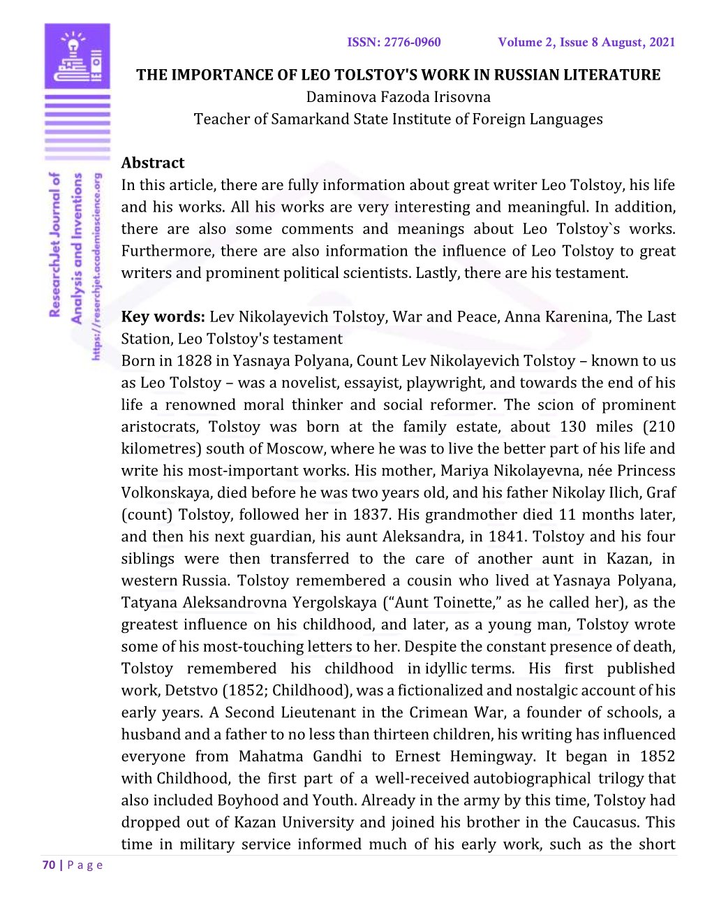 THE IMPORTANCE of LEO TOLSTOY's WORK in RUSSIAN LITERATURE Daminova Fazoda Irisovna Teacher of Samarkand State Institute of Foreign Languages