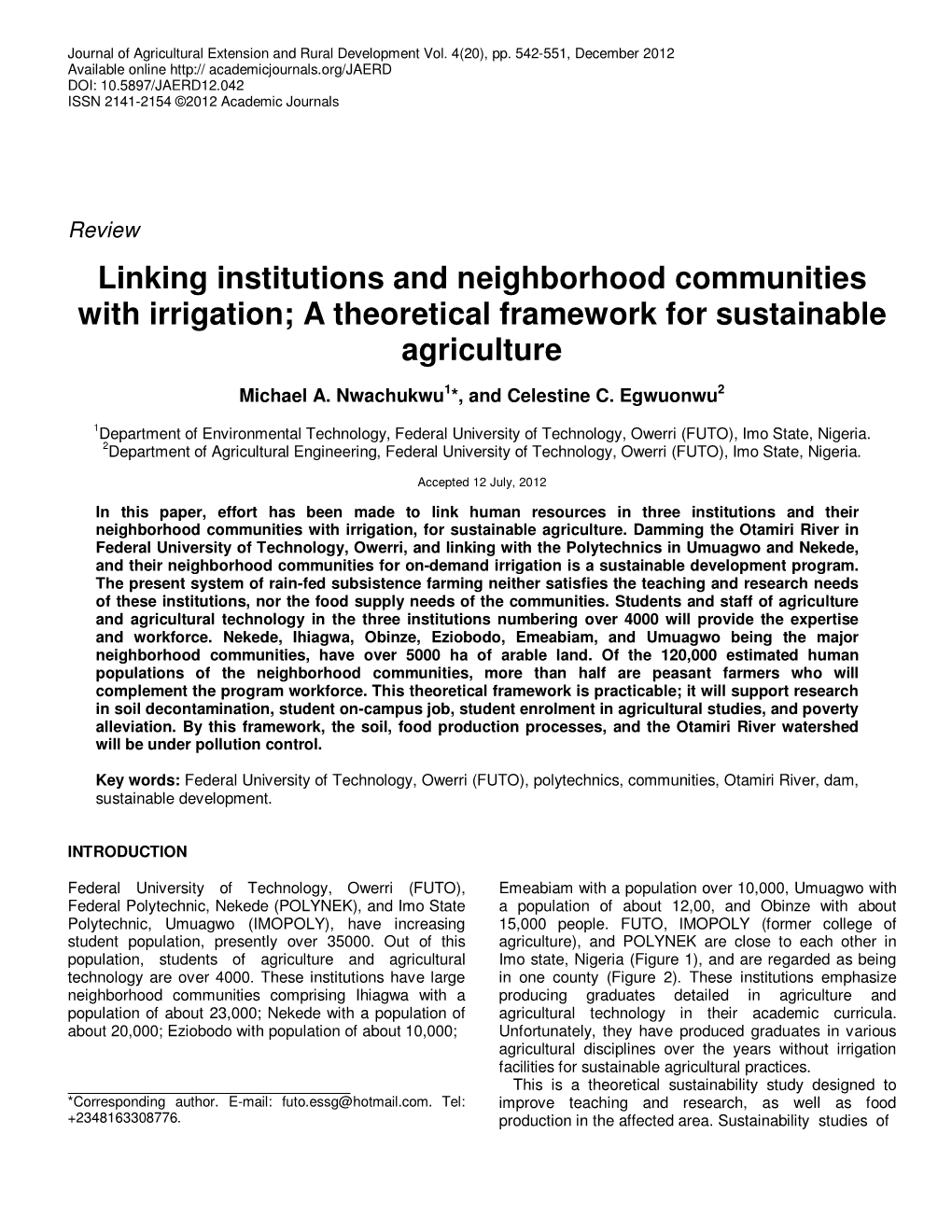 Linking Institutions and Neighborhood Communities with Irrigation; a Theoretical Framework for Sustainable Agriculture