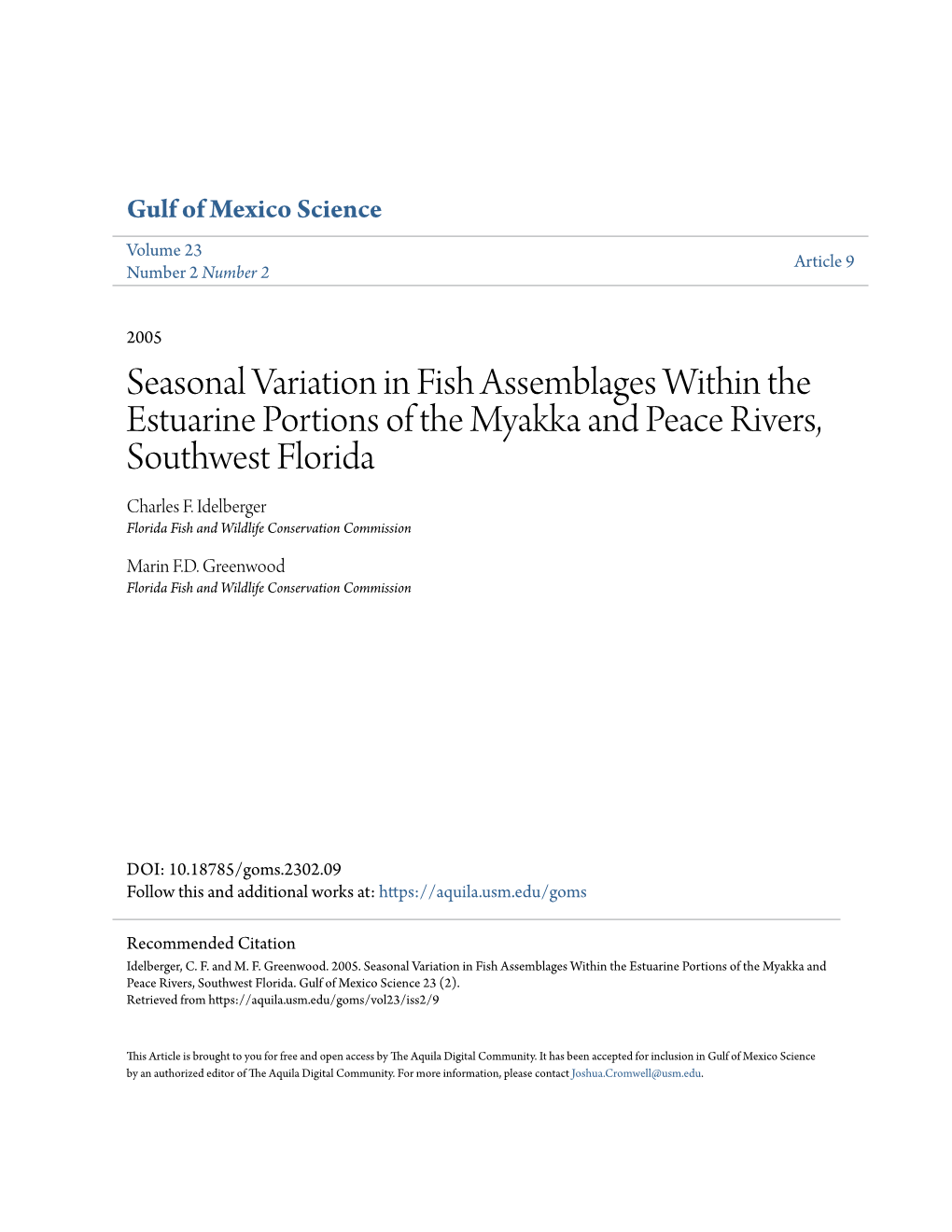 Seasonal Variation in Fish Assemblages Within the Estuarine Portions of the Myakka and Peace Rivers, Southwest Florida Charles F