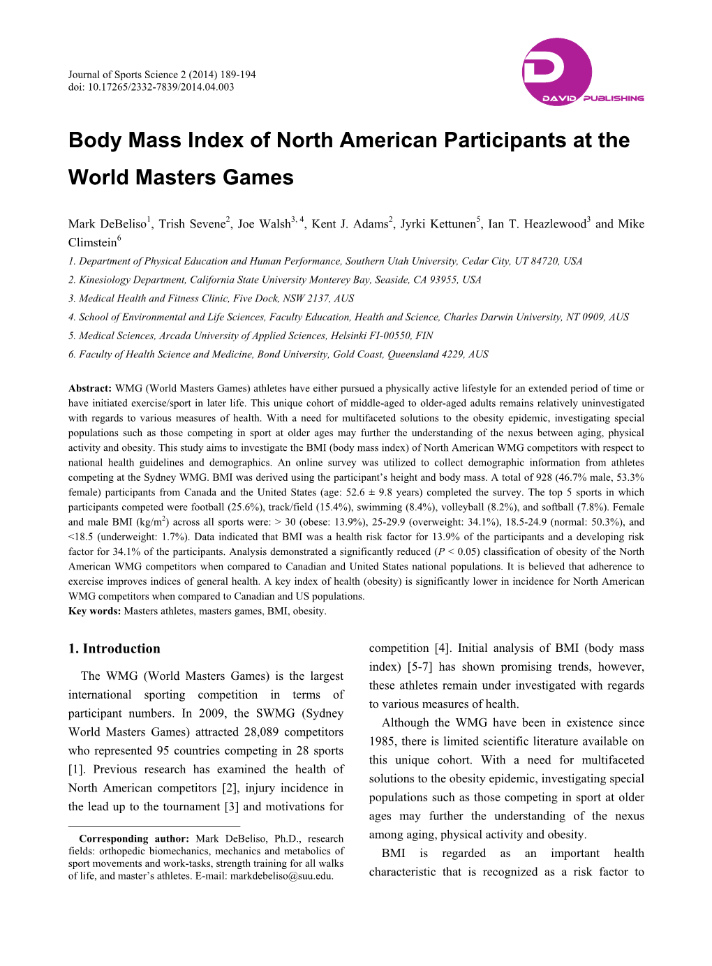 Body Mass Index of North American Participants at the World Masters Games