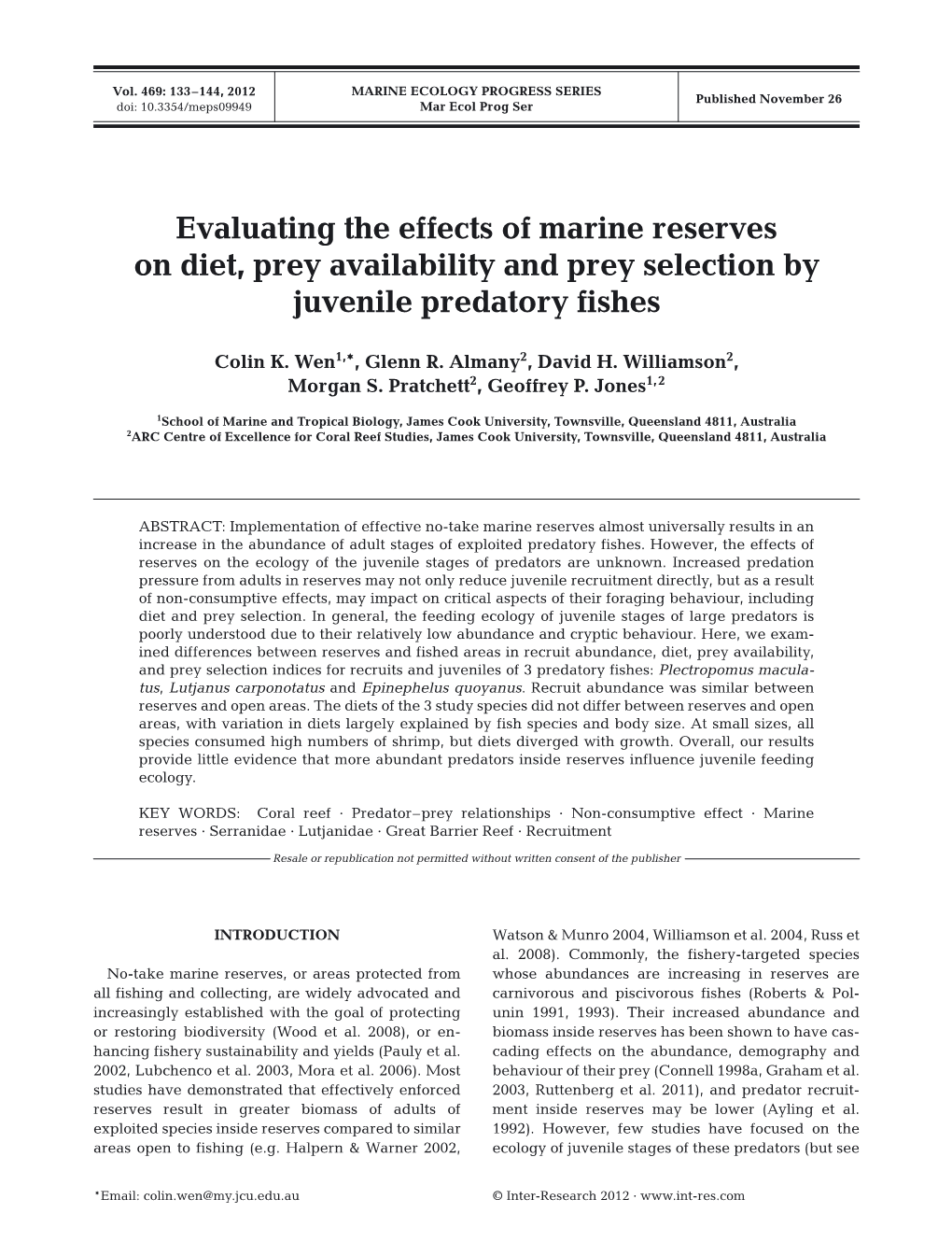 Evaluating the Effects of Marine Reserves on Diet, Prey Availability and Prey Selection by Juvenile Predatory Fishes