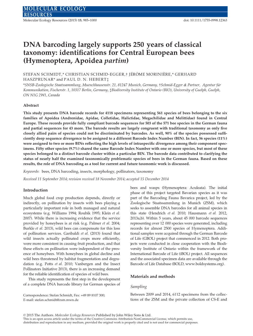 DNA Barcoding Largely Supports 250 Years of Classical Taxonomy: Identifications for Central European Bees (Hymenoptera, Apoidea