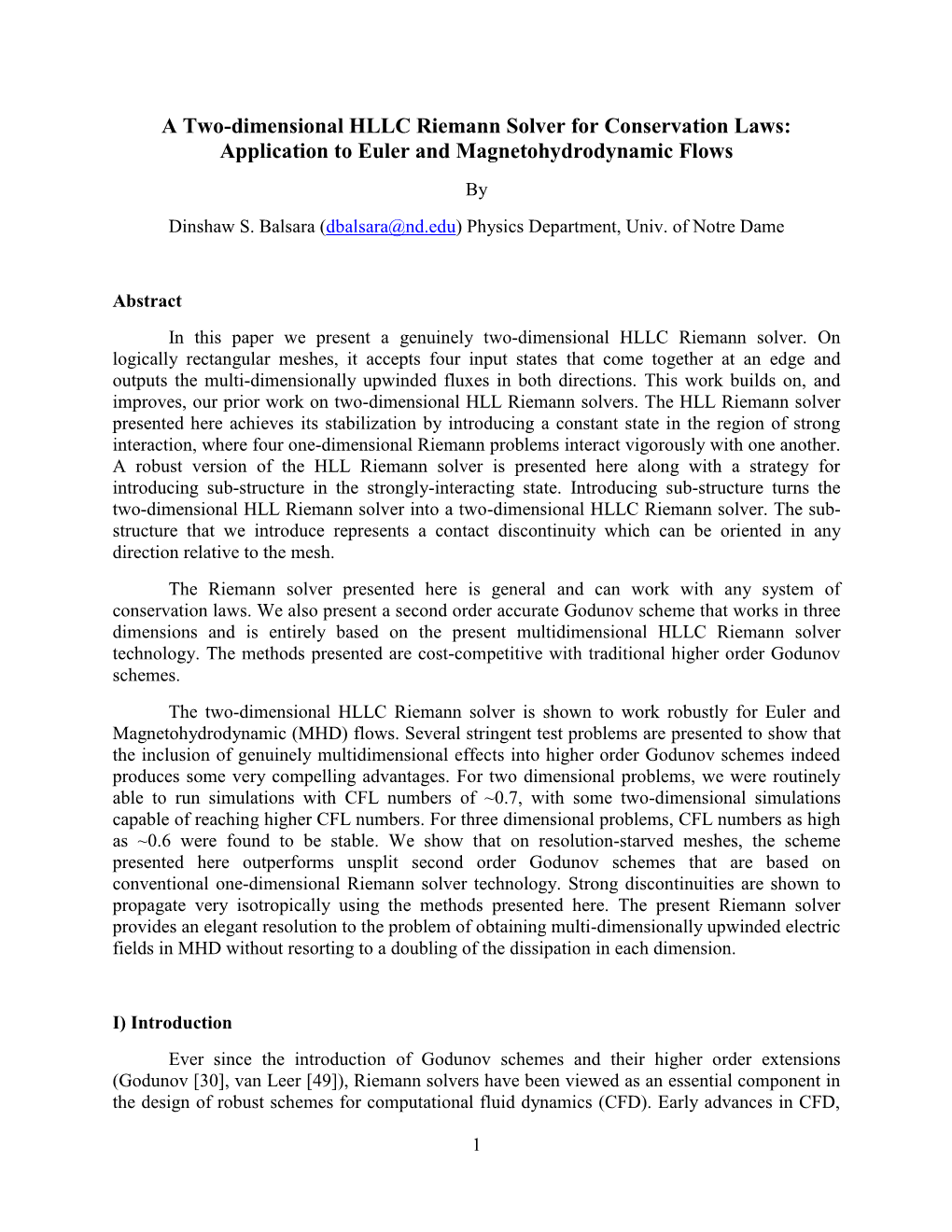 A Two-Dimensional HLLC Riemann Solver for Conservation Laws: Application to Euler and Magnetohydrodynamic Flows by Dinshaw S