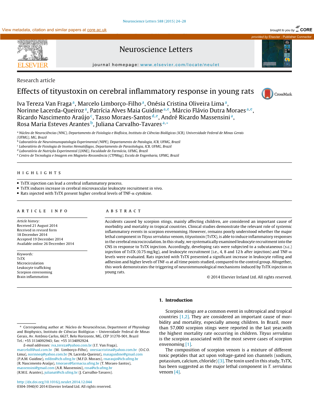 Effects of Tityustoxin on Cerebral Inflammatory Response in Young Rats