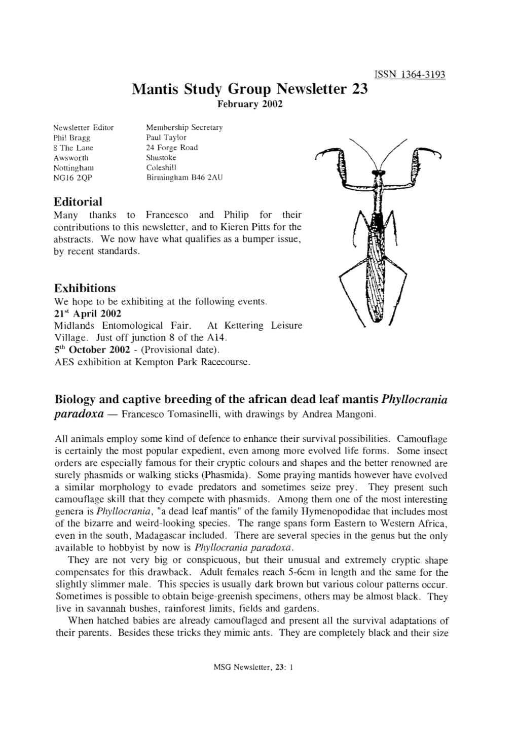 Mantis Study Group Newsletter, 23 (February 2002)