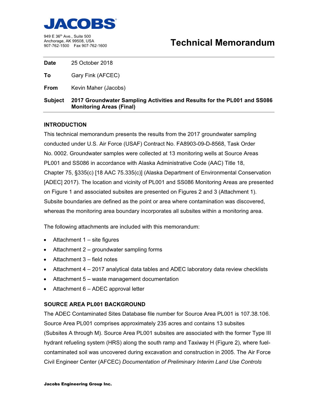 2017 Groundwater Sampling Activities and Results for the PL001 and SS086 Monitoring Areas (Final)