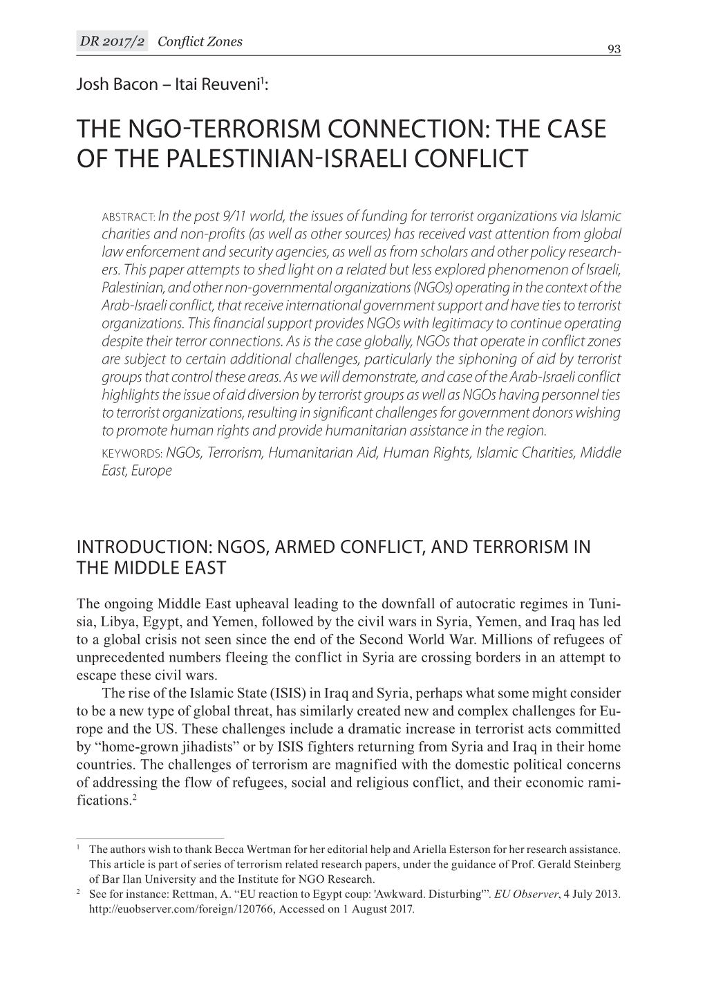 The Ngo-Terrorism Connection: the Case of the Palestinian-Israeli Conflict