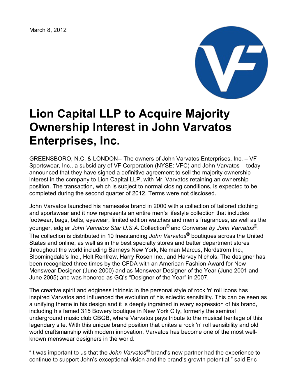 Lion Capital LLP to Acquire Majority Ownership Interest in John Varvatos Enterprises, Inc