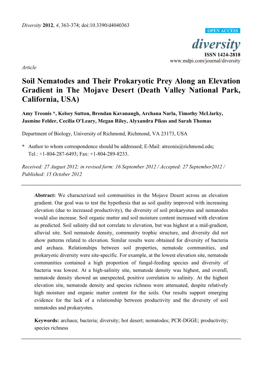 Soil Nematodes and Their Prokaryotic Prey Along an Elevation Gradient in the Mojave Desert (Death Valley National Park, California, USA)