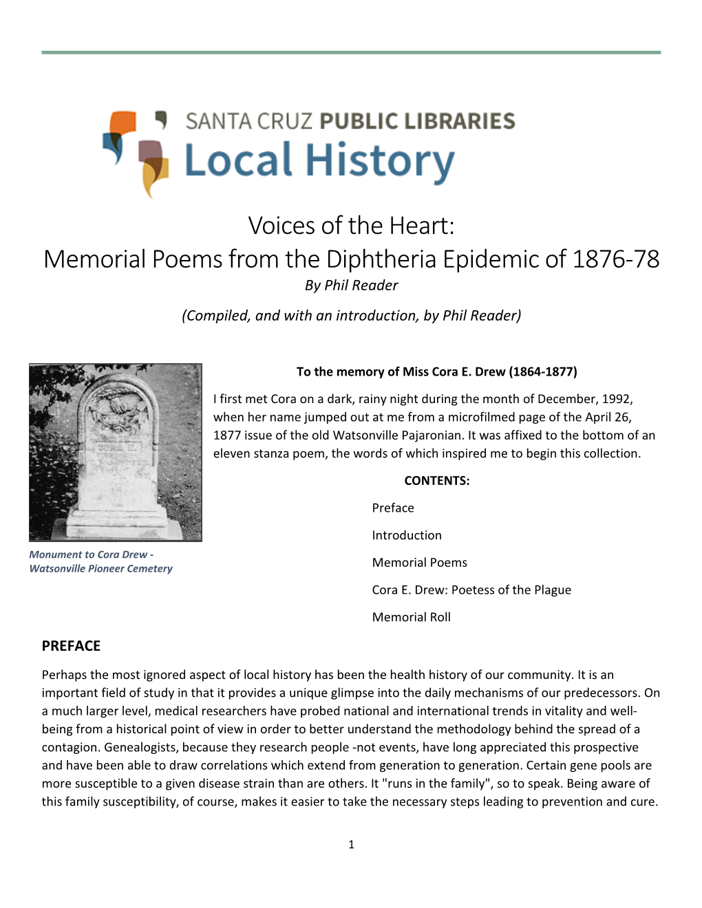 Memorial Poems from the Diphtheria Epidemic of 1876-78 by Phil Reader (Compiled, and with an Introduction, by Phil Reader)