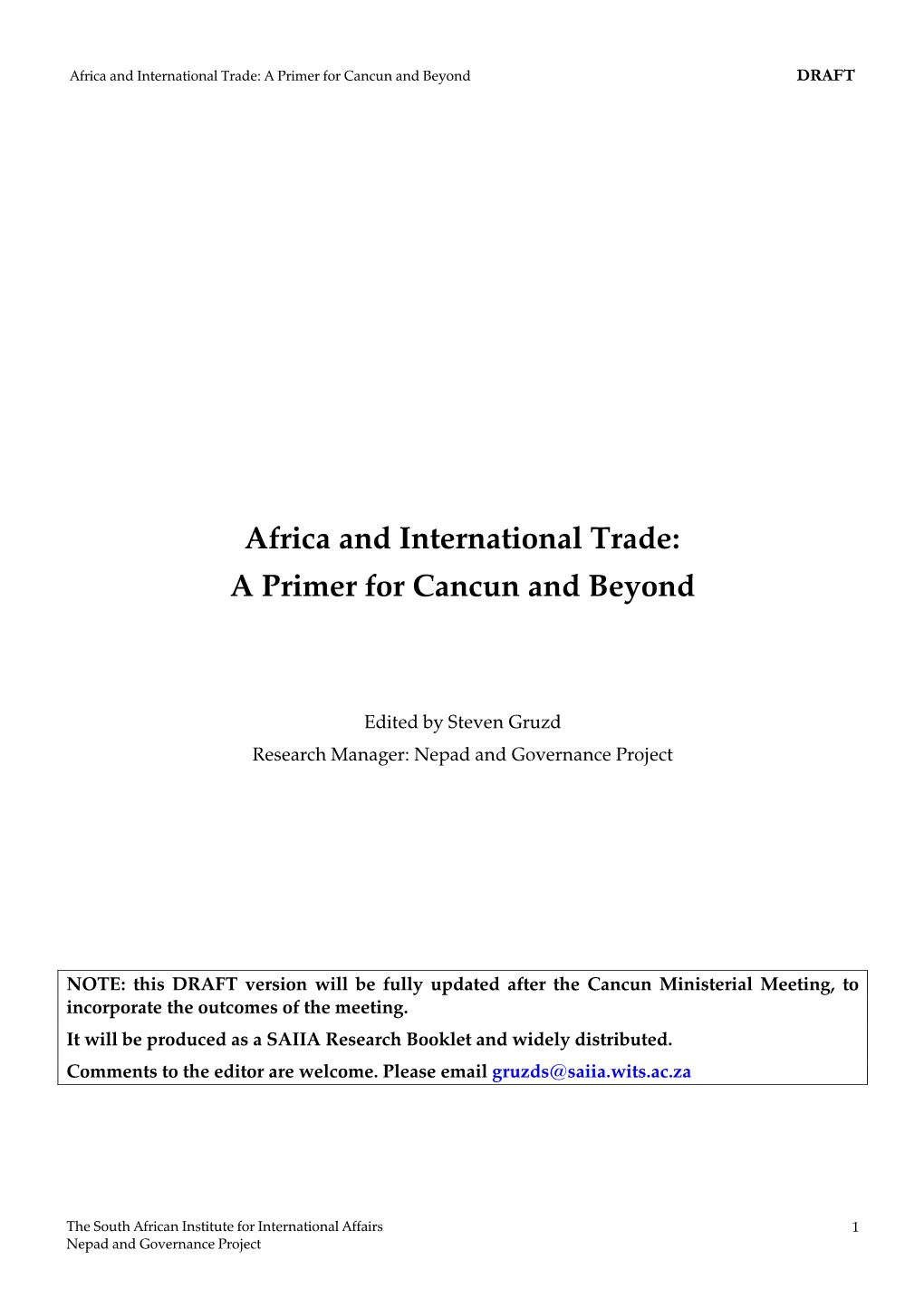 Africa and International Trade: a Primer for Cancun and Beyond DRAFT