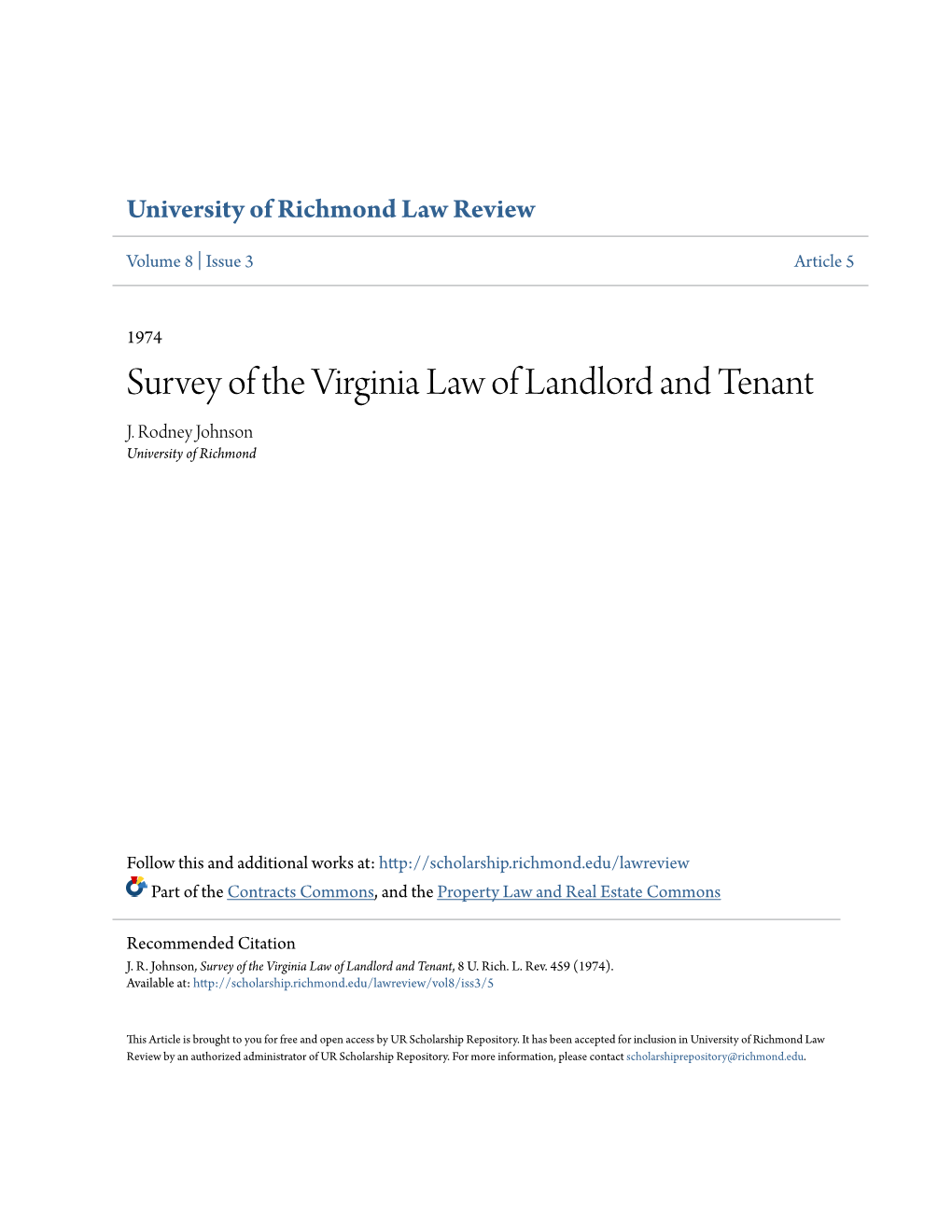 Survey of the Virginia Law of Landlord and Tenant J