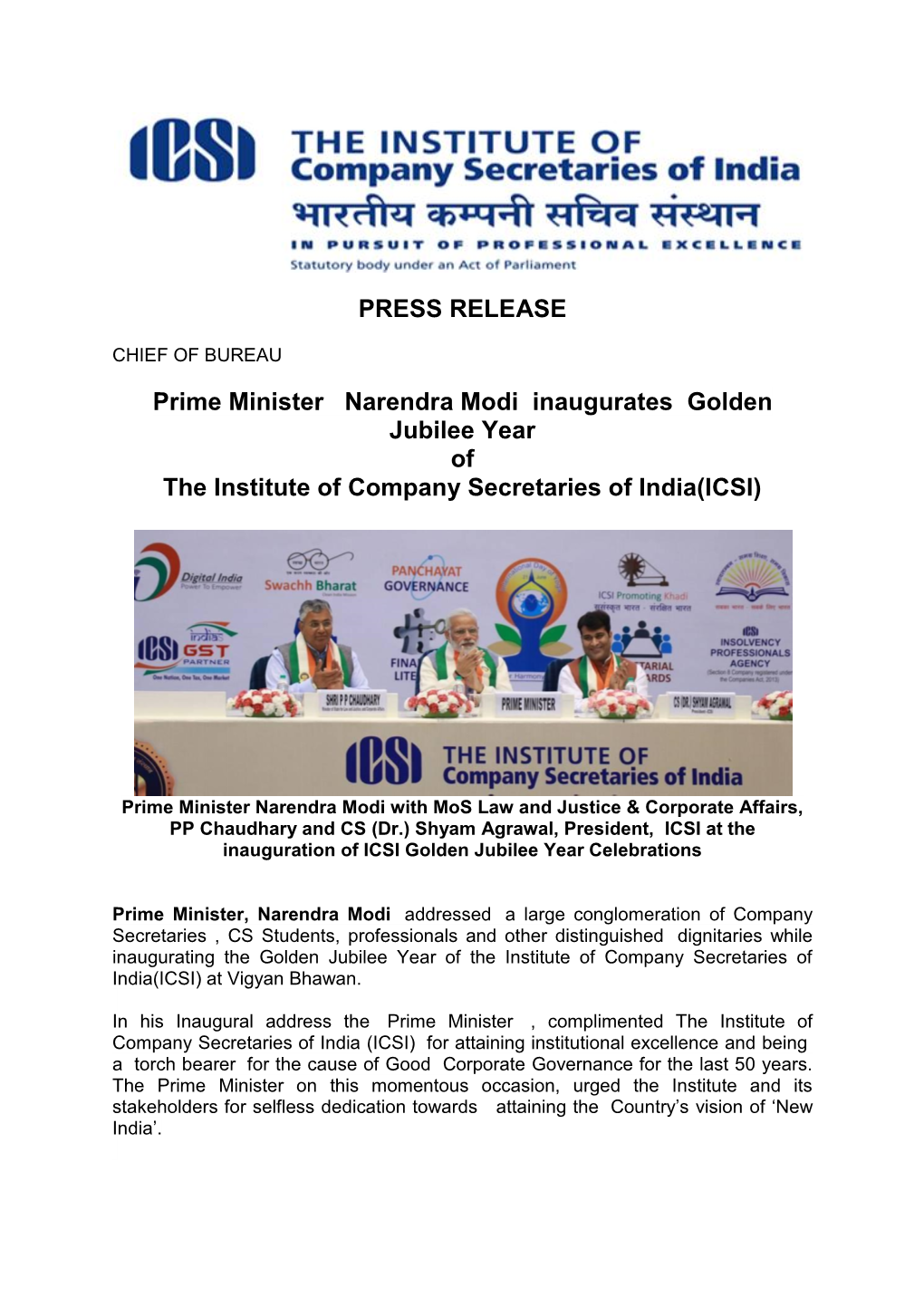 Prime Minister Narendra Modi Inaugurates Golden Jubilee Year of the Institute of Company Secretaries of India(ICSI)