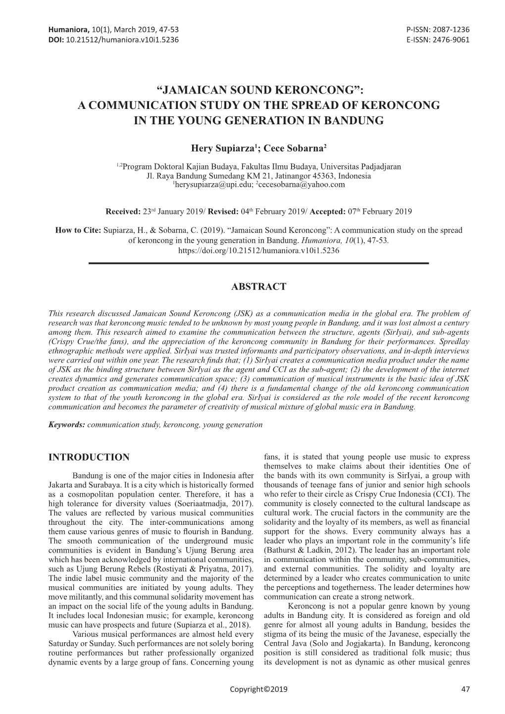 Jamaican Sound Keroncong”: a Communication Study on the Spread of Keroncong in the Young Generation in Bandung