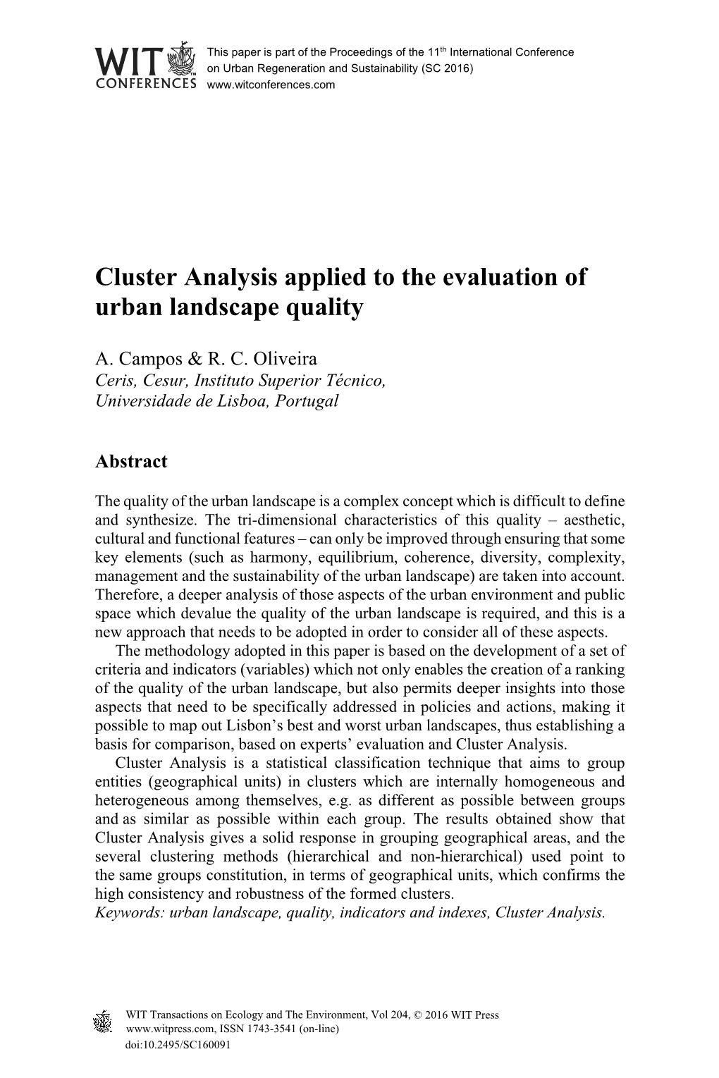 Cluster Analysis Applied to the Evaluation of Urban Landscape Quality