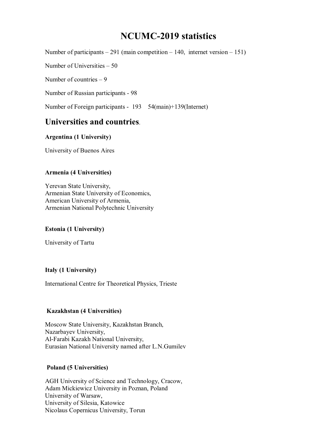 NCUMC-2019 Statistics