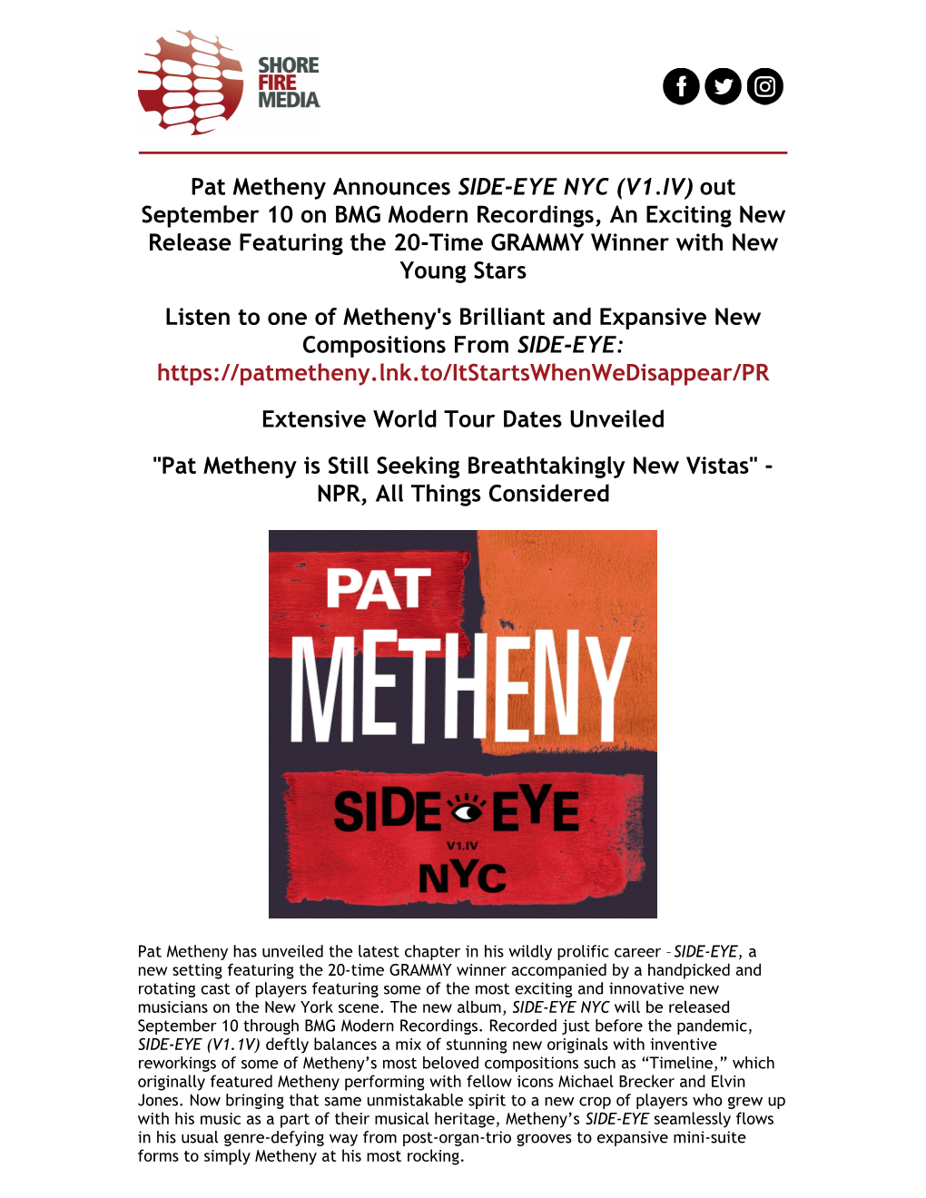 Pat Metheny Announces SIDE-EYE