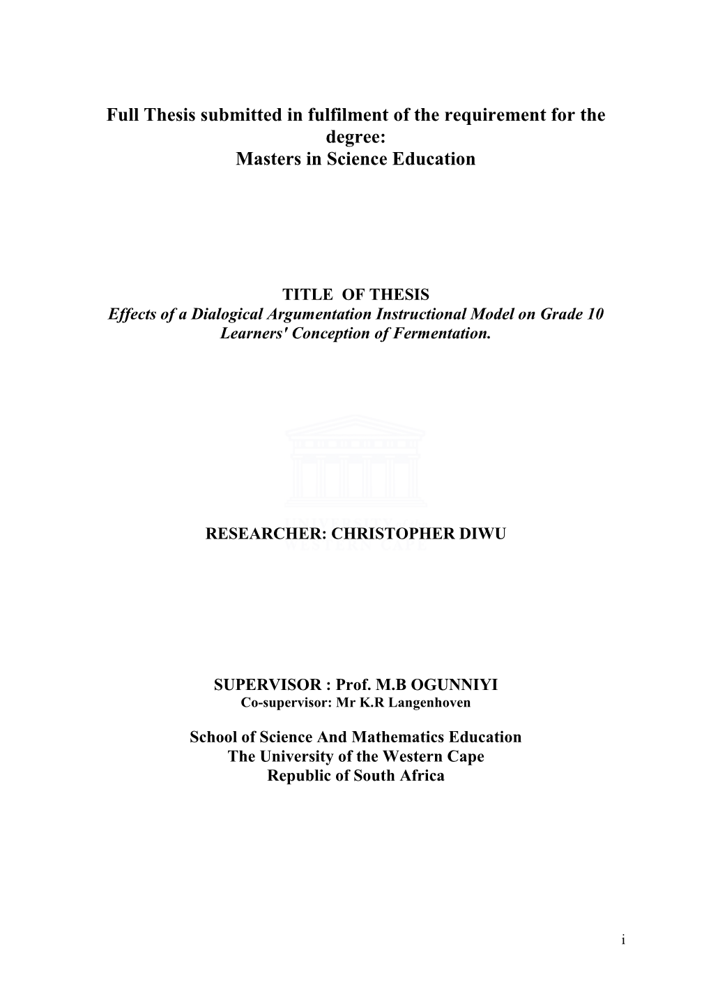 Effects of a Dialogical Argumentation Instructional Model on Grade 10 Learners' Conception of Fermentation