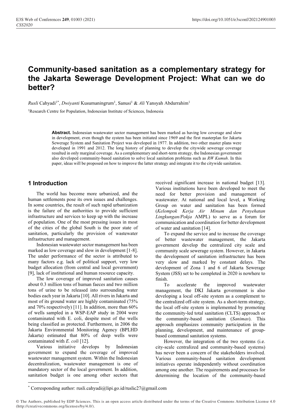 Community-Based Sanitation As a Complementary Strategy for the Jakarta Sewerage Development Project: What Can We Do Better?