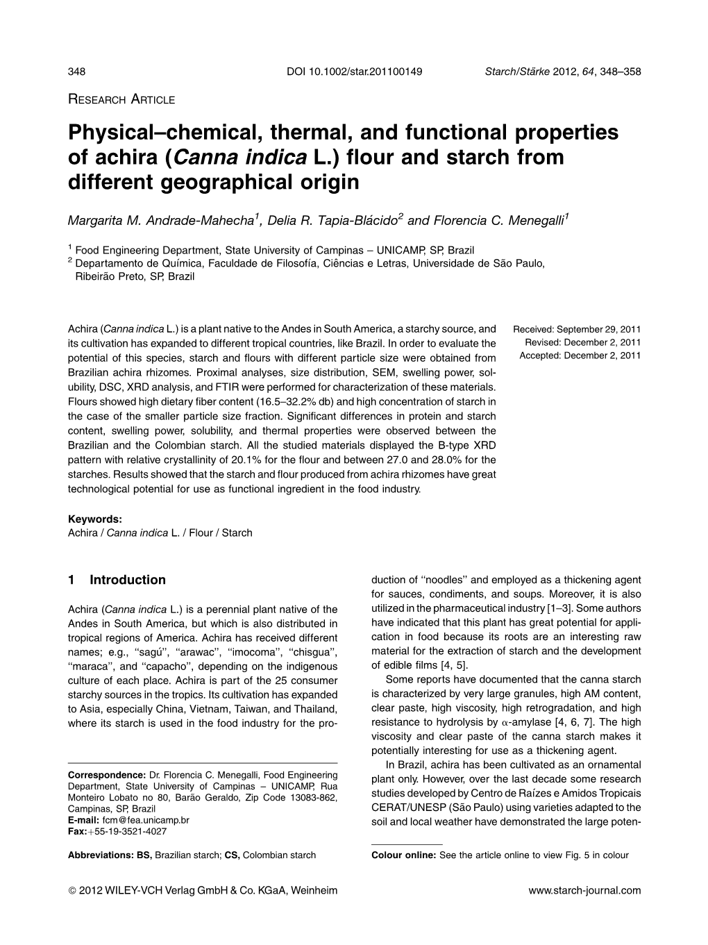 Canna Indica L.) ﬂour and Starch from Different Geographical Origin