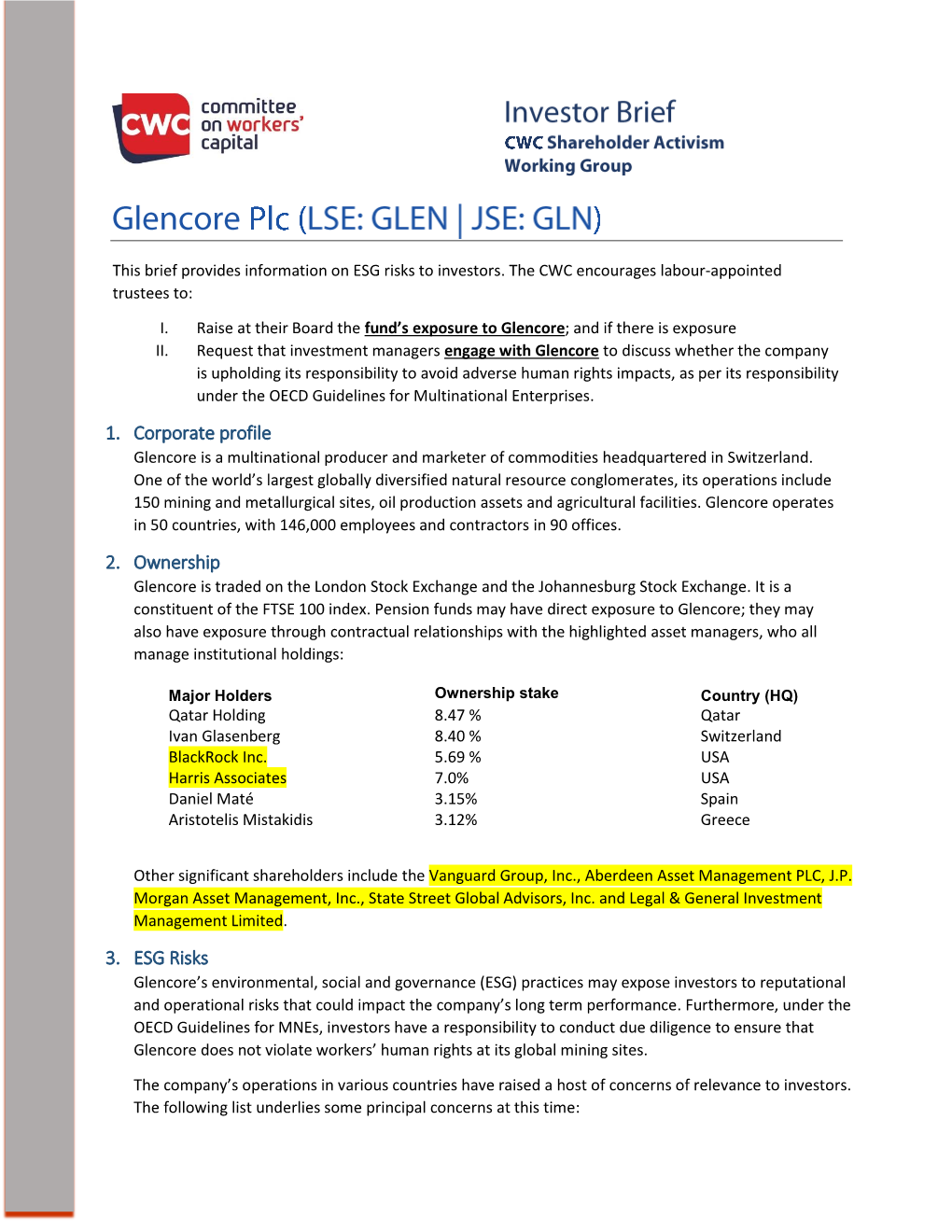 1. Corporate Profile 2. Ownership 3. ESG Risks