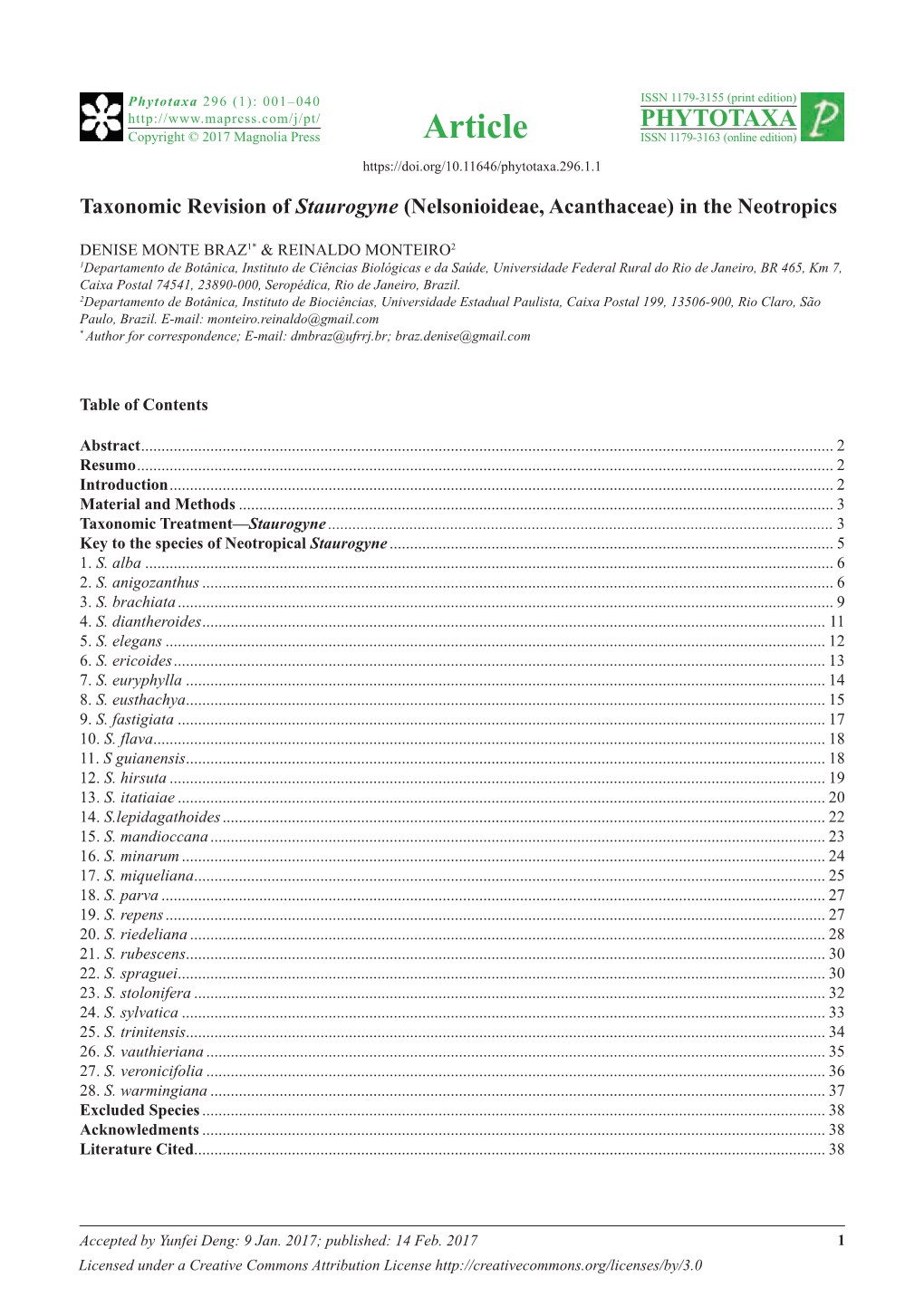 Taxonomic Revision of Staurogyne (Nelsonioideae, Acanthaceae) in the Neotropics