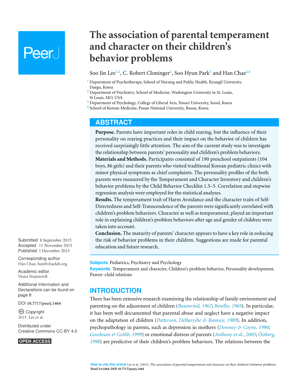The Association of Parental Temperament and Character on Their Children's Behavior Problems