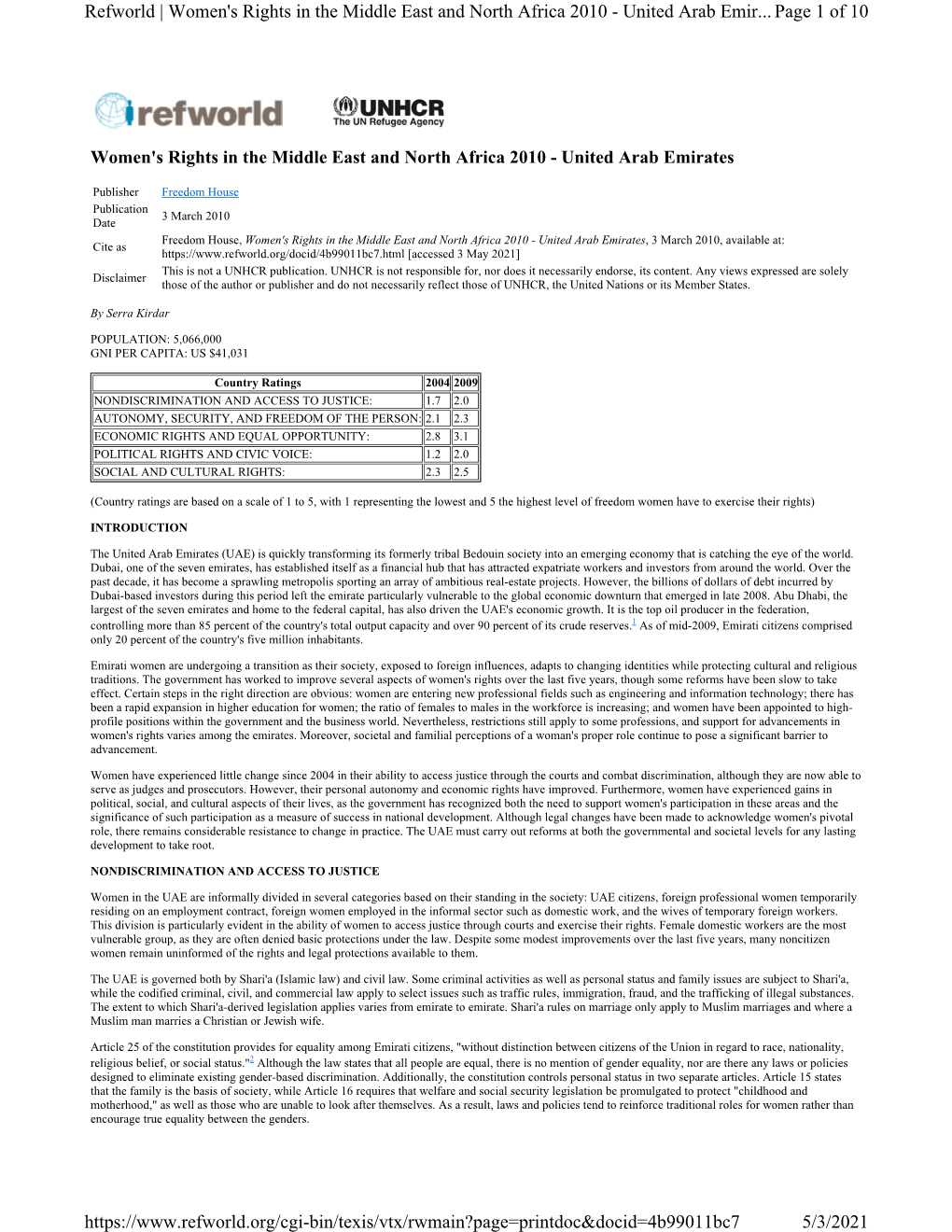 Women's Rights in the Middle East and North Africa 2010 - United Arab Emir