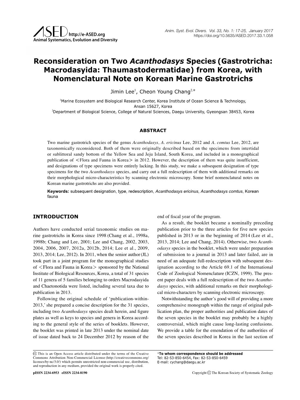 Gastrotricha: Macrodasyida: Thaumastodermatidae) from Korea, with Nomenclatural Note on Korean Marine Gastrotrichs