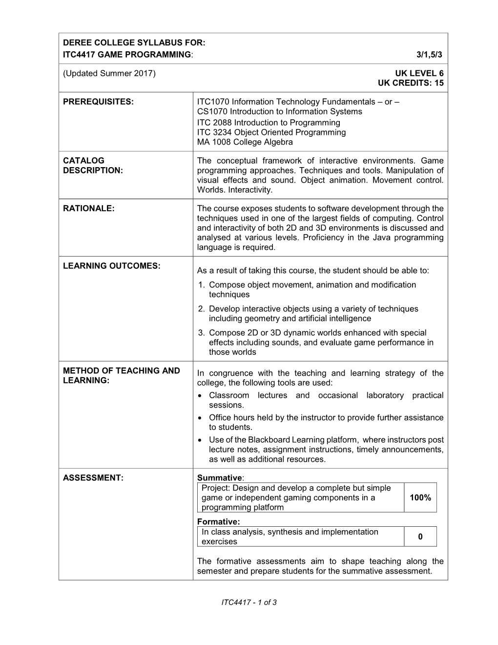 Deree College Syllabus For: Itc4417 Game Programming : 3/1,5/3