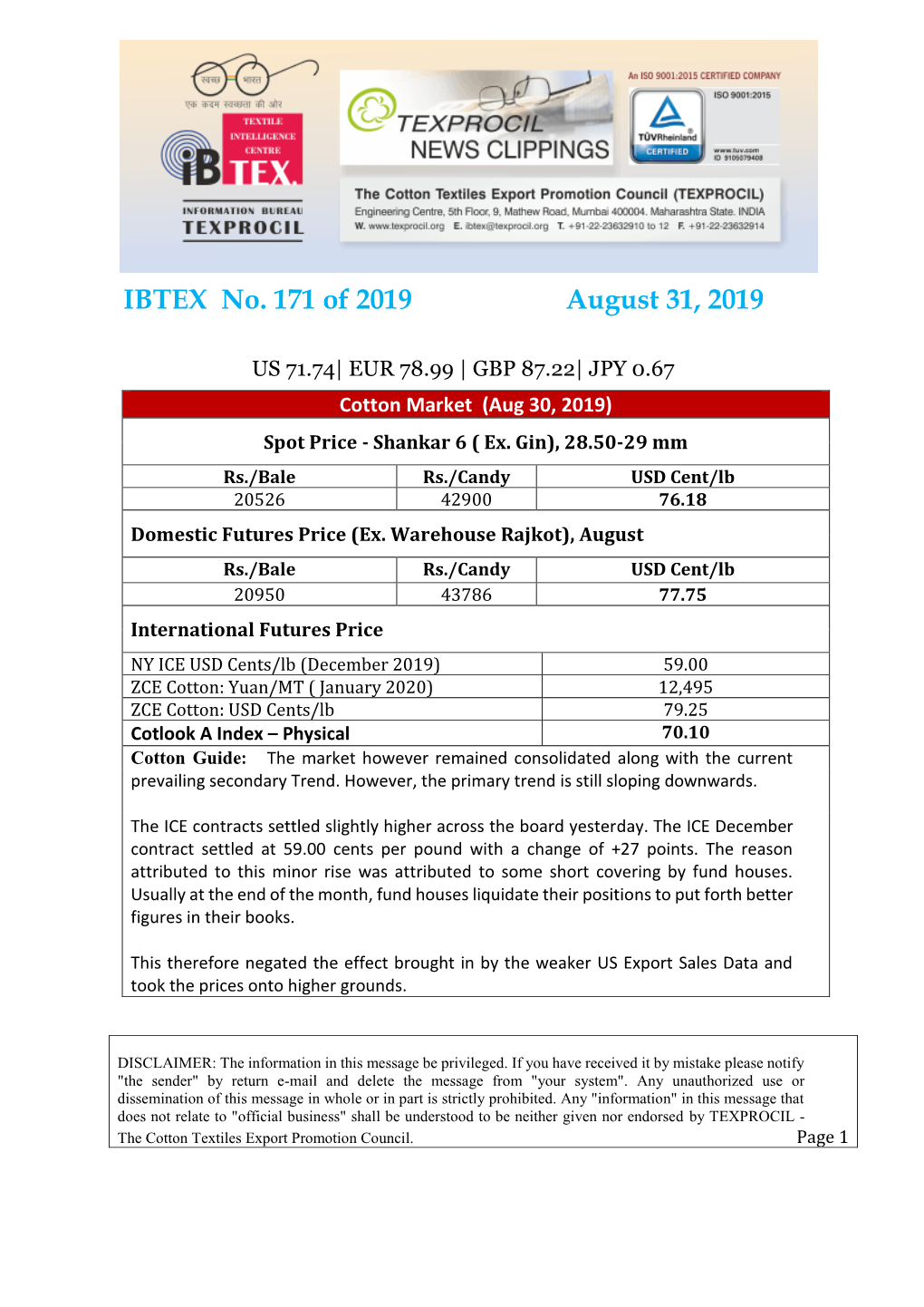 IBTEX No. 171 of 2019 August 31, 2019