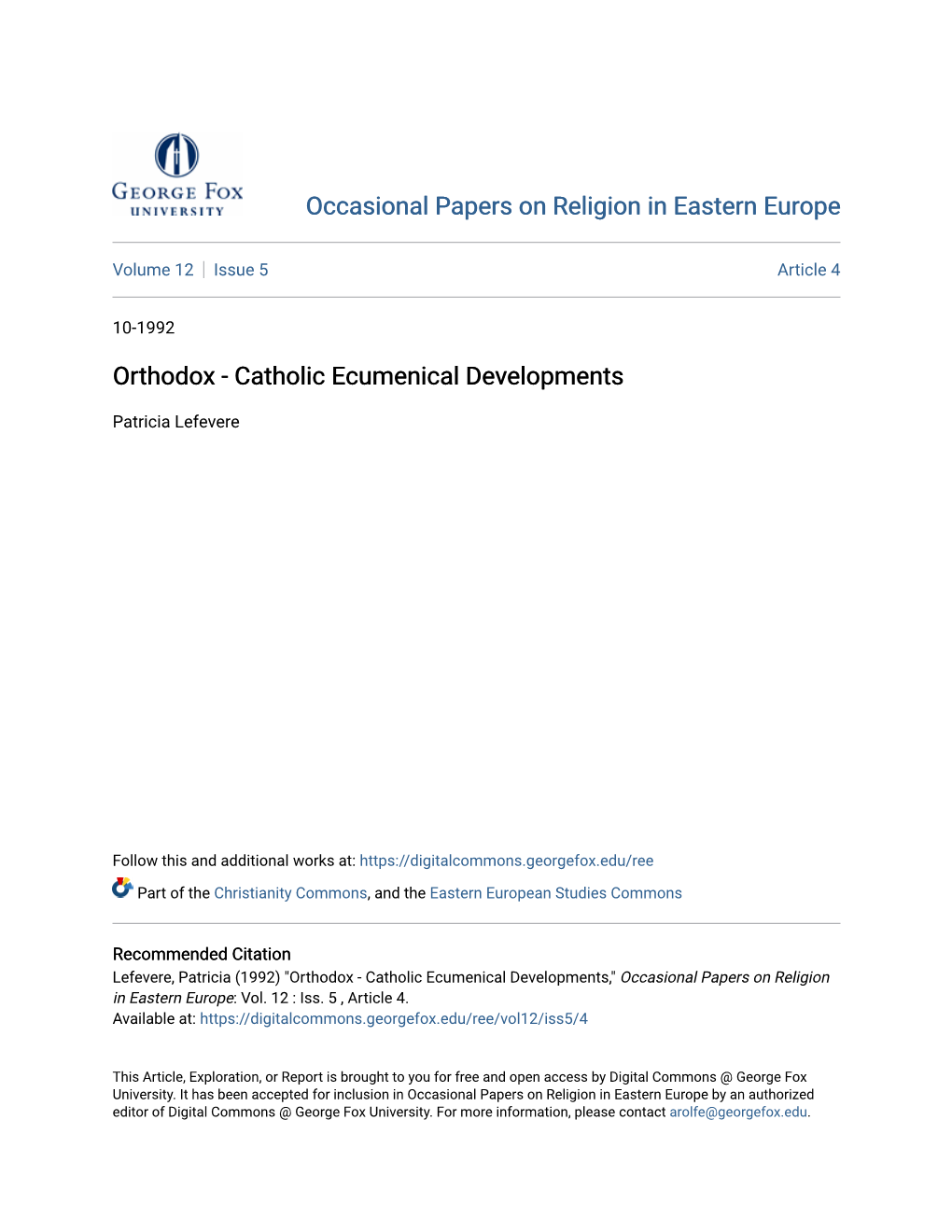 Catholic Ecumenical Developments
