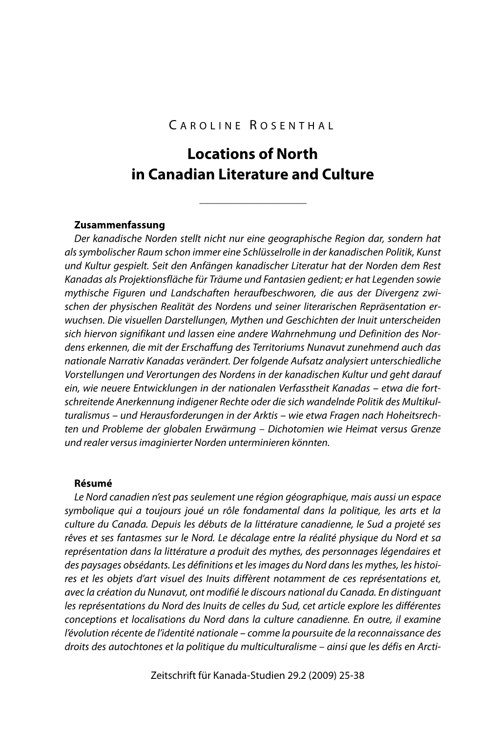 Locations of North in Canadian Literature and Culture