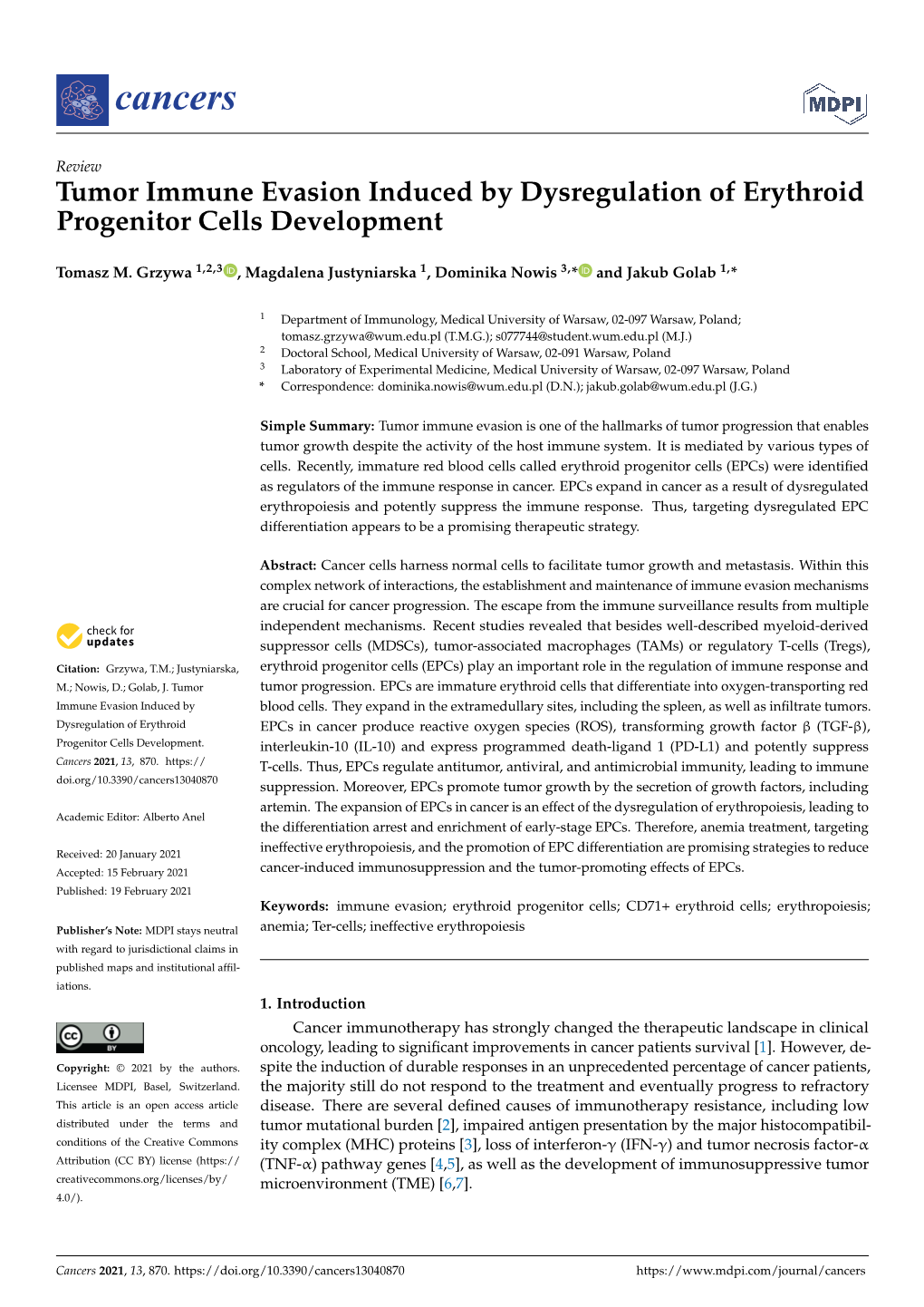 Tumor Immune Evasion Induced by Dysregulation of Erythroid Progenitor Cells Development