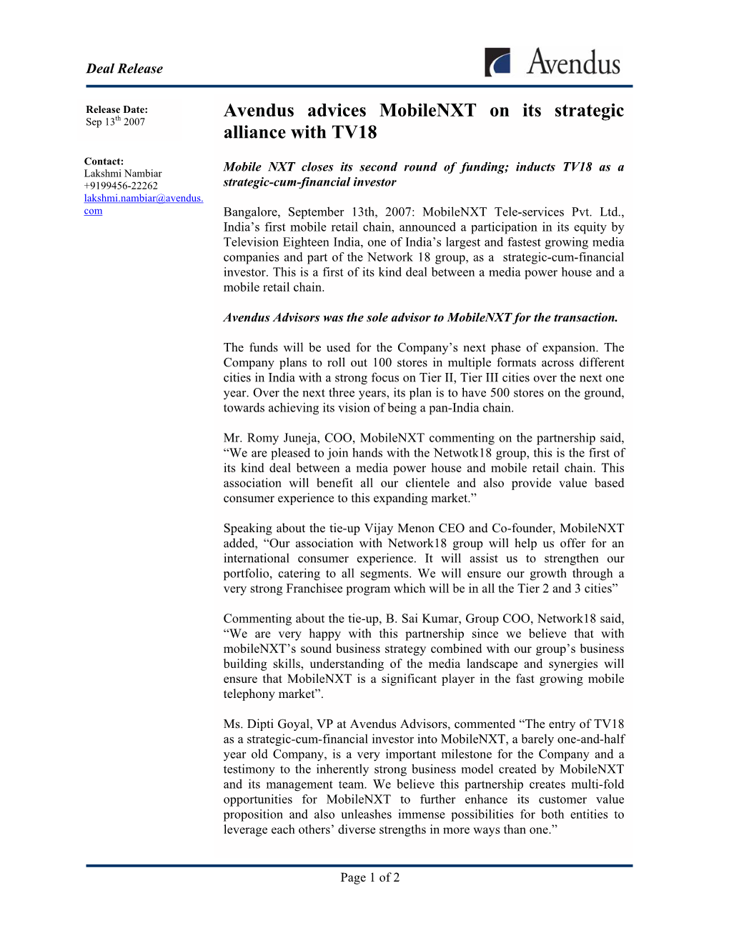 Avendus Advices Mobilenxt on Its Strategic Alliance with TV18