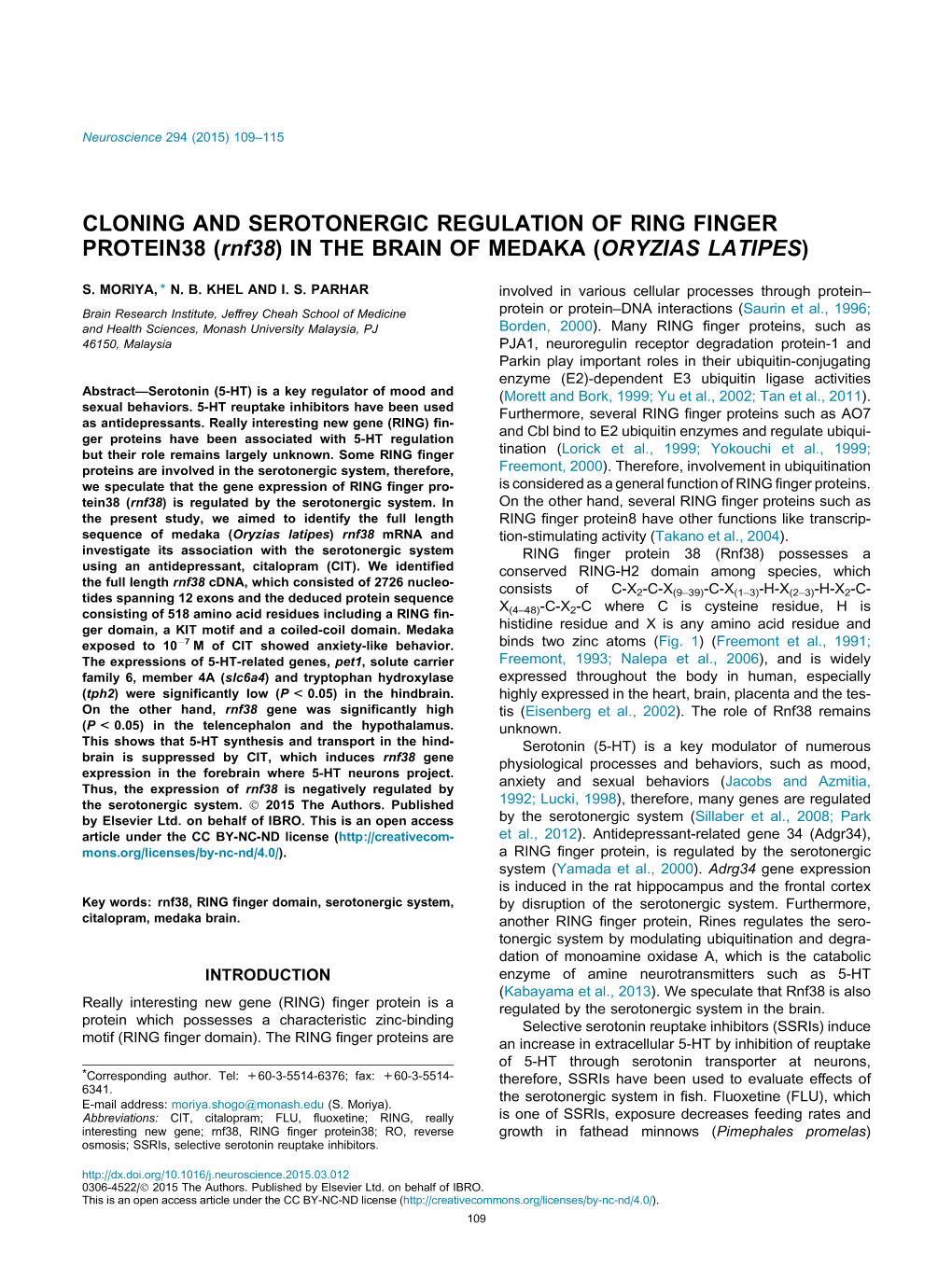 CLONING and SEROTONERGIC REGULATION of RING FINGER PROTEIN38 (Rnf38) in the BRAIN of MEDAKA (ORYZIAS LATIPES)